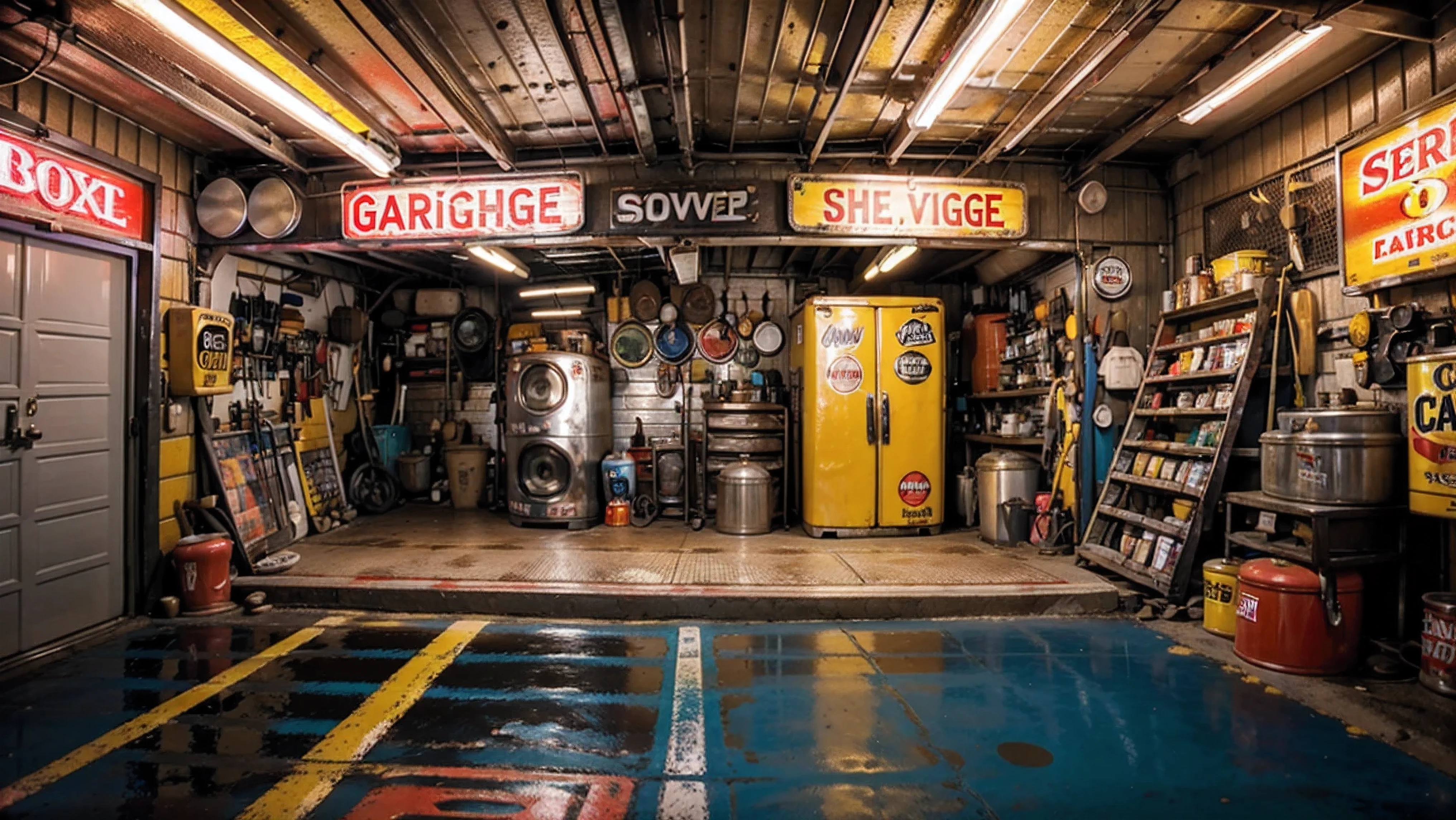 fundo de garagem decorado com cores vibrantes, Tons quentes, sharp focus, intricado, neon advertising sinais, sinais, oil cans, carros, Lively atmosphere and laid-back attitude