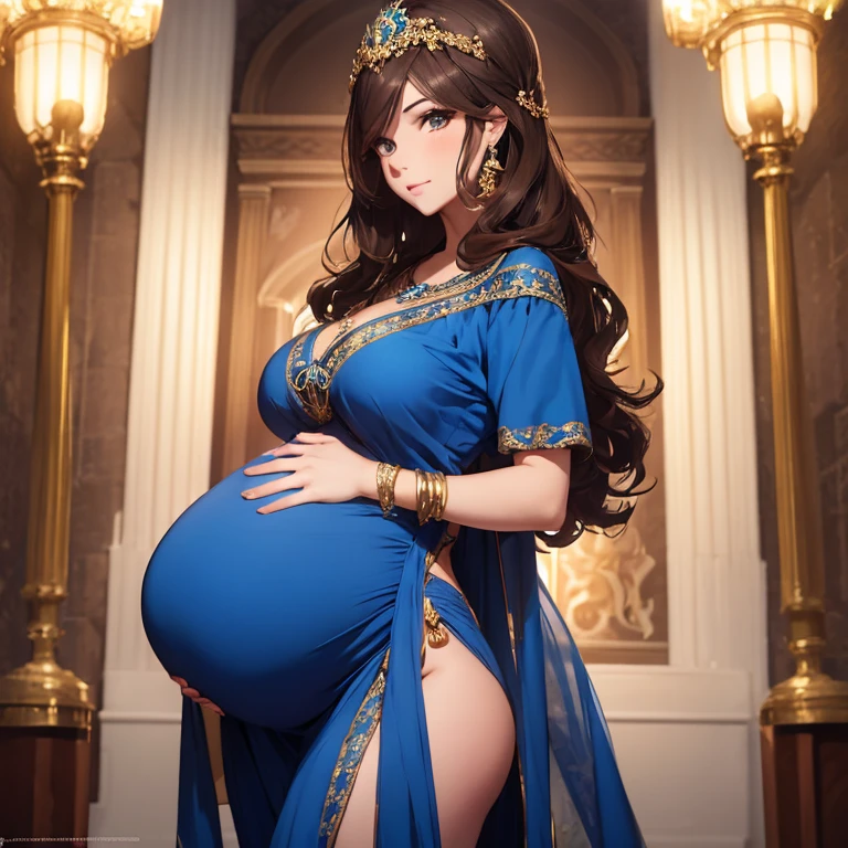 1woman, young, very pregnant goddess, mature, fancy blue dress, delicate beautiful face, wavy brown hair