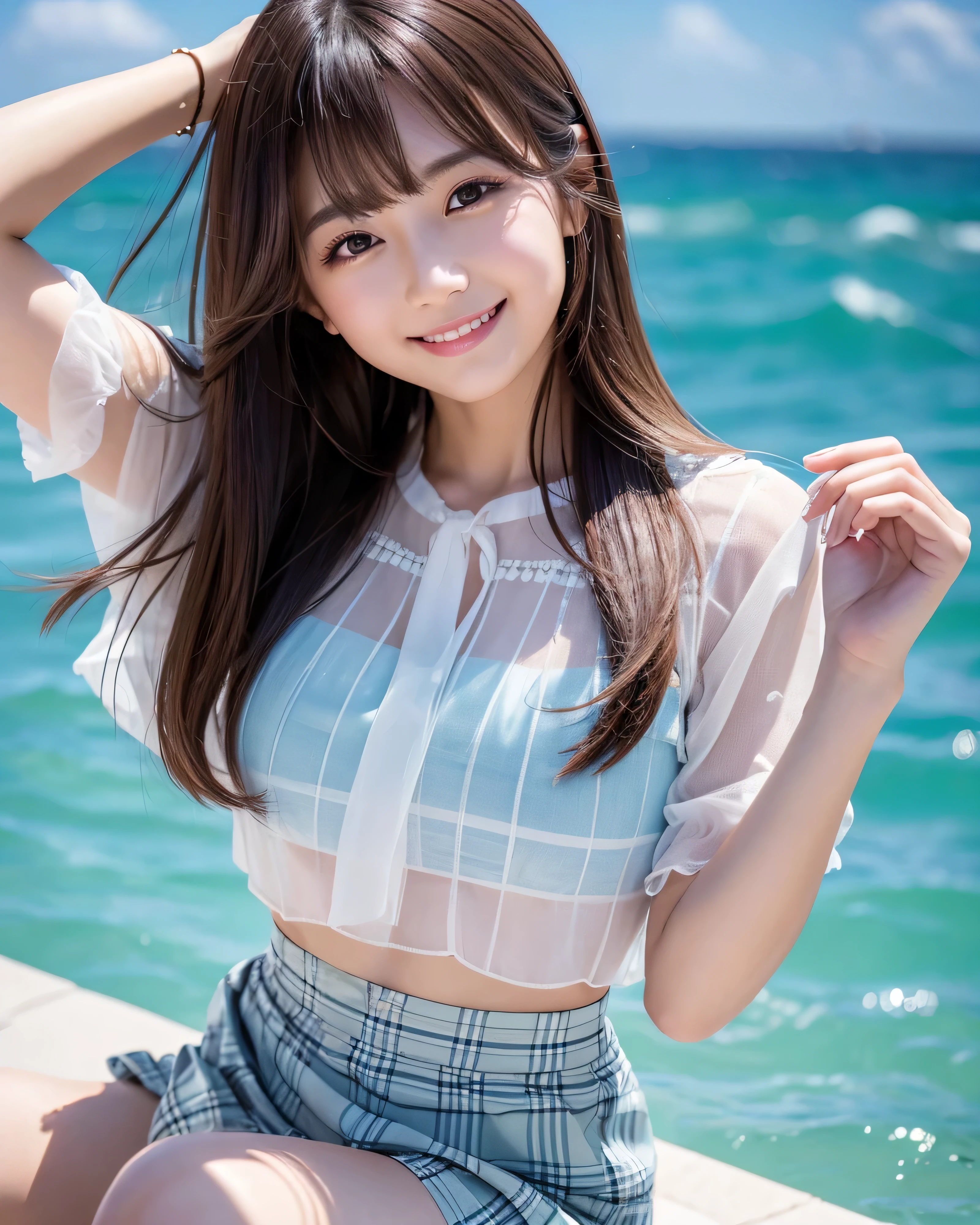 (highest quality, 32k, High resolution, masterpiece:1.5, ), Transparent air, The brilliance of youth, An award-winning masterpiece with incredible detail, Beautiful Japanese Girls, An exceptionally beautiful face, Shiny brown hair, ((Beautifully groomed long hair)), Asymmetrical bangs, Hair between the eyes, Beautifully trimmed, thin eyebrows, Magical big eyes, Moist black eyes, Clear double eyelids, smooth and transparent skin, Pale pink lips, Natural Makeup, Rich expression of emotions, (fleeting smile:1.4), Lightweight silk blouse, blue plaid pleated skirt, sit, Absolute area, High resolutionの美しい太もも, (whole body:1.3), Parks by the sea, Beautiful, clear blue sea stretches to the horizon, The dazzling summer sunshine, detailed blue sky, Professional Lighting, Professional Photographer, Professional models