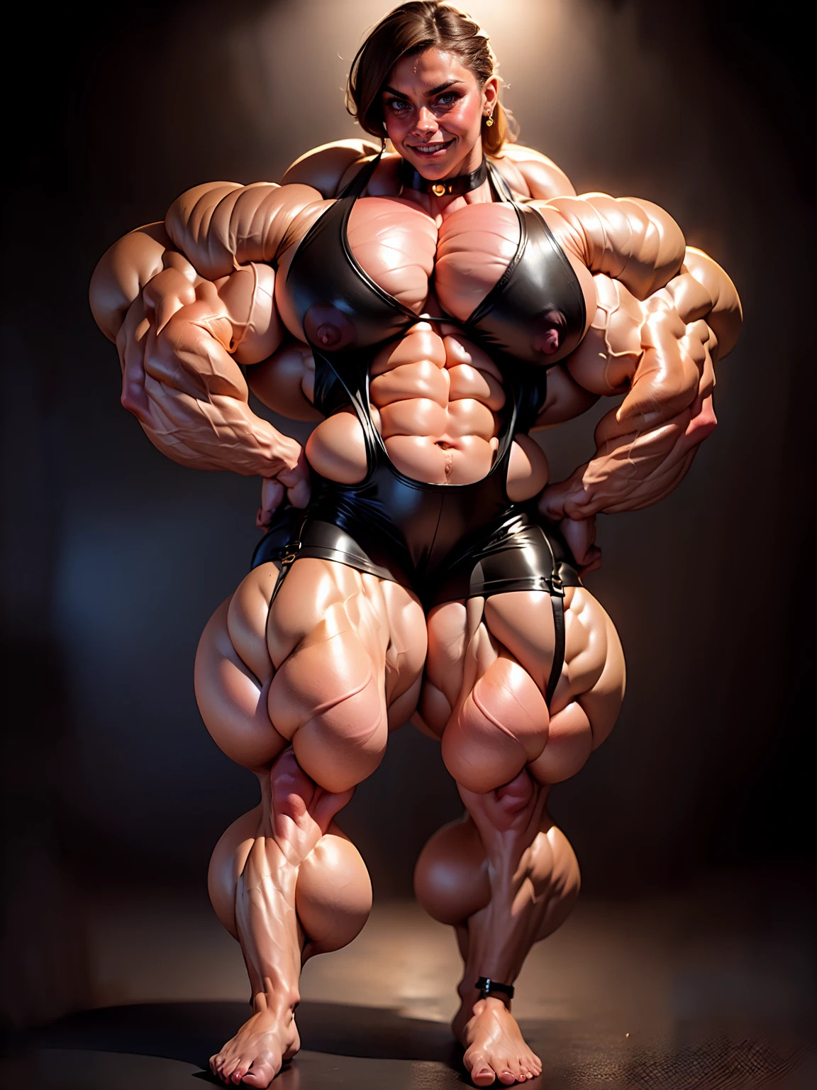 (1 girl), (cara delevingne:1.25), ((wide shoulders:1.5)), (woman wearing a dominatrix outfit with huge tits:1.5), earrings, eyeshadow, lipstick, (full body pose:1.5), (ten pack abs:1.5), (full body view:1.5), ((large muscular veiny breasts:1.5)), choker, (sculpted muscles:1.9), detailed eyes, (muscular body:1.9), (looking at viewer), (smile:1.5), round ass, night time, rim lighting, two tone lighting, dimly lit, clean skin, low key (DETAILED SKIN), licking lips, (naughty girl face:1.25), naughty, bokeh, (blank dark background:1.5), in the art style of peter mohrbacher