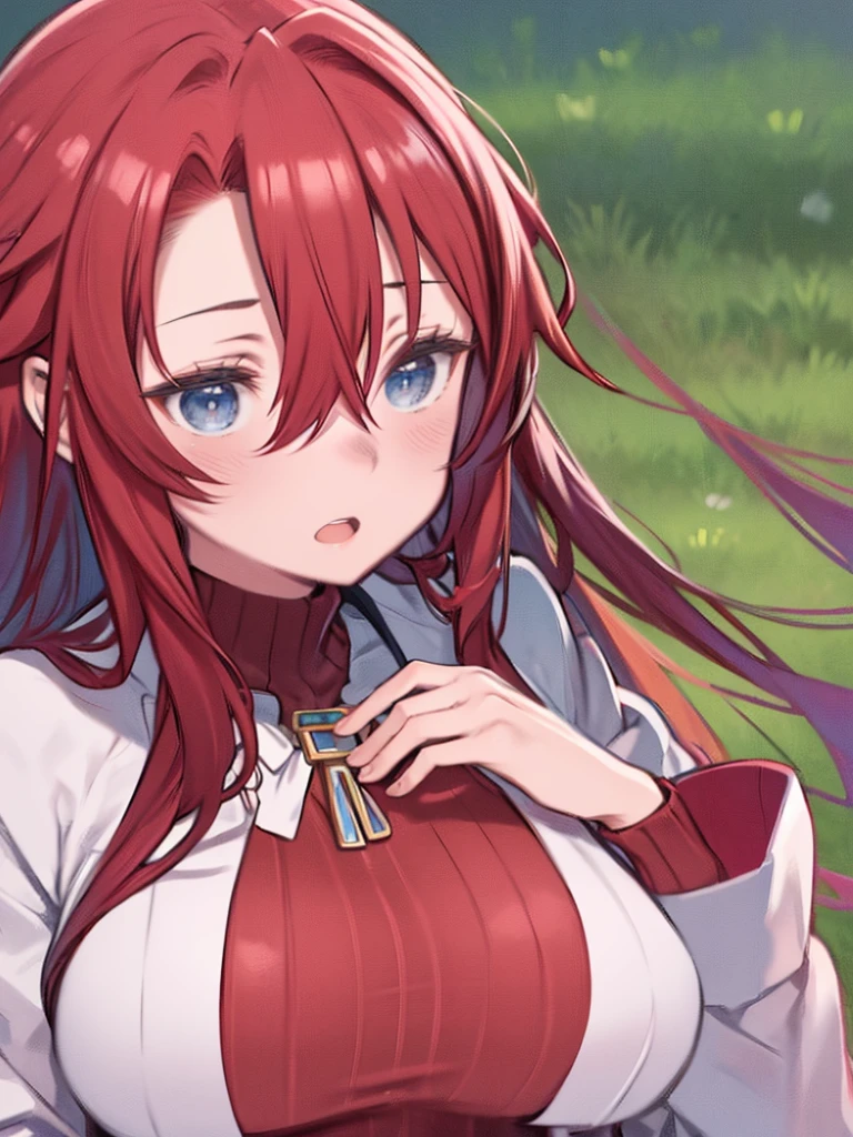 masterpiece,highest quality,High resolution,Very detailed、Close-up of face、Mature Woman、(aty, long hair、blue eyes, red hair、Hair between the eyes)、Red sweater、Turtleneck sweater、Big Breasts、Huge breasts、Open your mouth、Put your hands on your chest、Embarrassed、