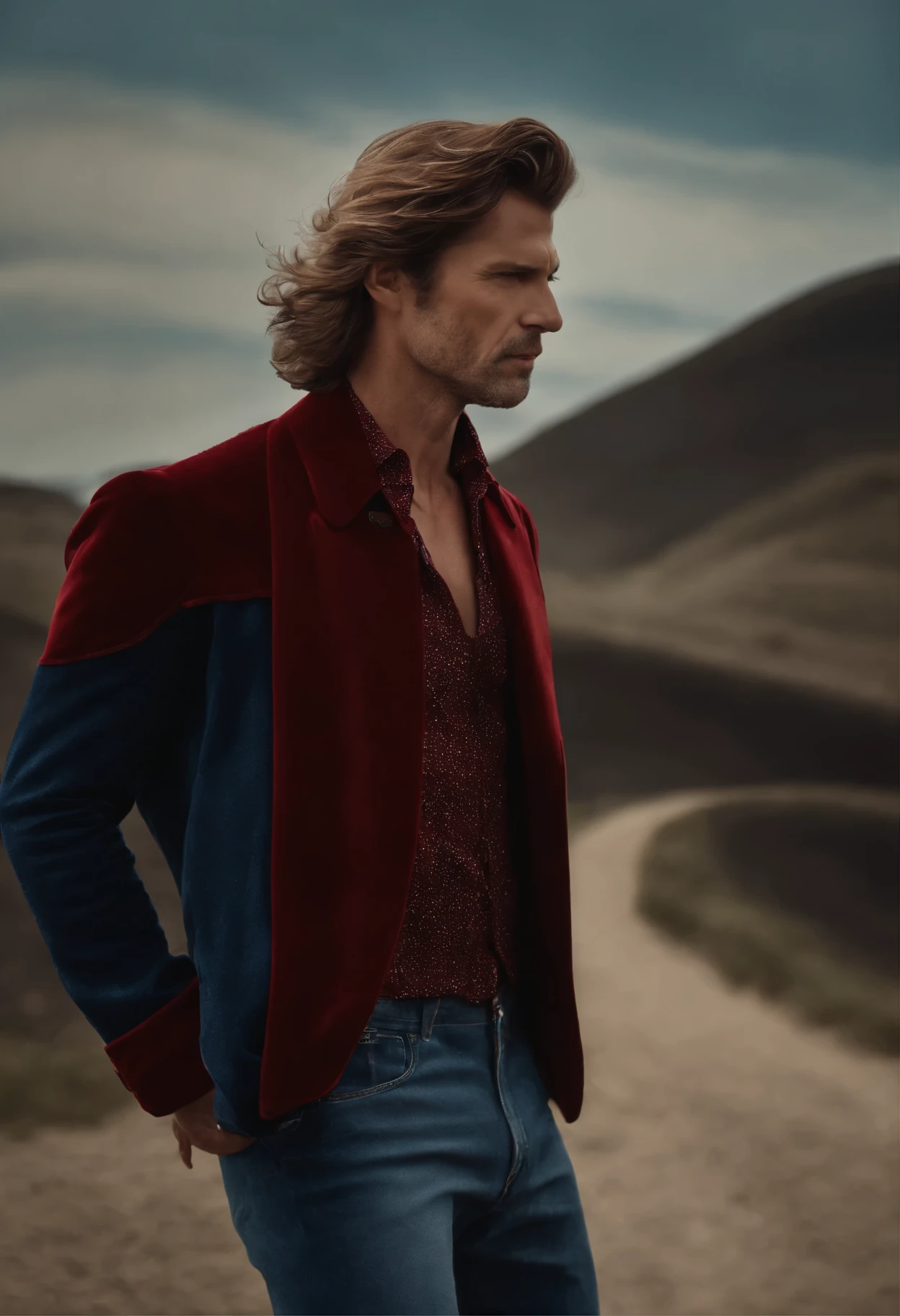 Um homem de vermelho, O estilo de Patrick Demarchelier. Vestido com uma jaqueta de veludo vermelho e jeans , Alto e em forma, (40 anos:1.1), (barbeado:1.2), (cabelo castanho curto :1.5),(cabelo muito curto:1.6). in the style of ethereal beauty, Realistic blue sky, hasselblad 1600f, retrato hiperrealista, cores brilhantes, dynamic lines, liso e polido .