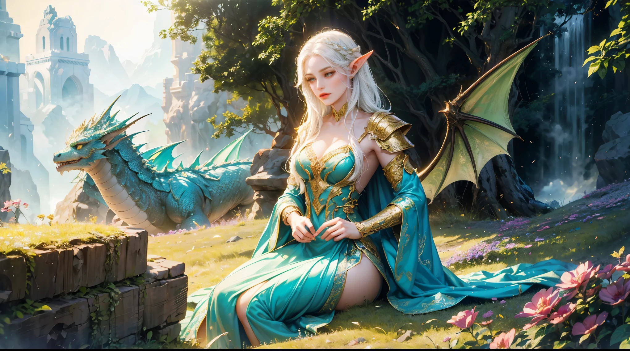 (a dragon:1.1) protecting a (beautiful:1.1) (female:1.1) (elf:1.1), (medium:1.2) fantasy illustration, vibrant colors, (elaborate:1.1) dragon scales, (intricate:1.1) elven armor, (lush:1.1) enchanted forest, (mysterious:1.1) mist, (magic:1.1) emanating from the elf, (captivating:1.1) eyes, (graceful:1.1) pose, (majestic:1.1) wings of the dragon, (natural atmosphere:1.1), (highres:1.2). white haired elf.