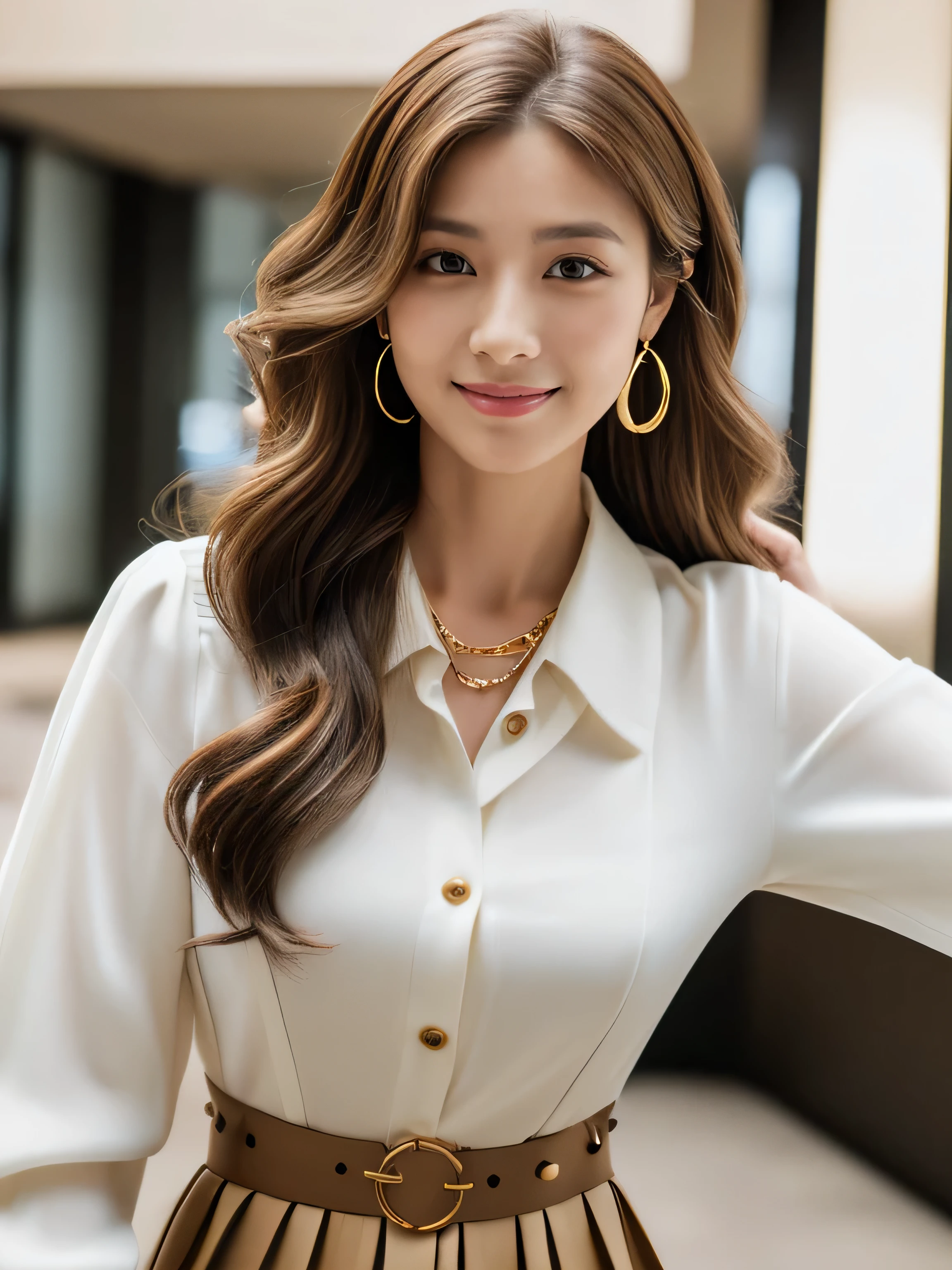 ((highest quality, 8k, masterpiece: 1.3)), 1 girl, smile, whole body, Slim face, Beautiful woman, Medium dark brown hair, White crisp shirt at upper body, The upper body is black straight suit pants, High heels, Highly detailed face, Fine grain, double eyelid, Blurred Background, Slim face, skyscraper, West Shot,((Loosely inward wavy hair:1.2)),((Gold Necklace＿Large earrings:1.2)),((Extra long brown hair:1.2))((White long sleeve button up blouse_With collar_Remove up to the second button＿Brown pleated mini skirt:1.3)),((look down at the viewer,from below:1.5)),