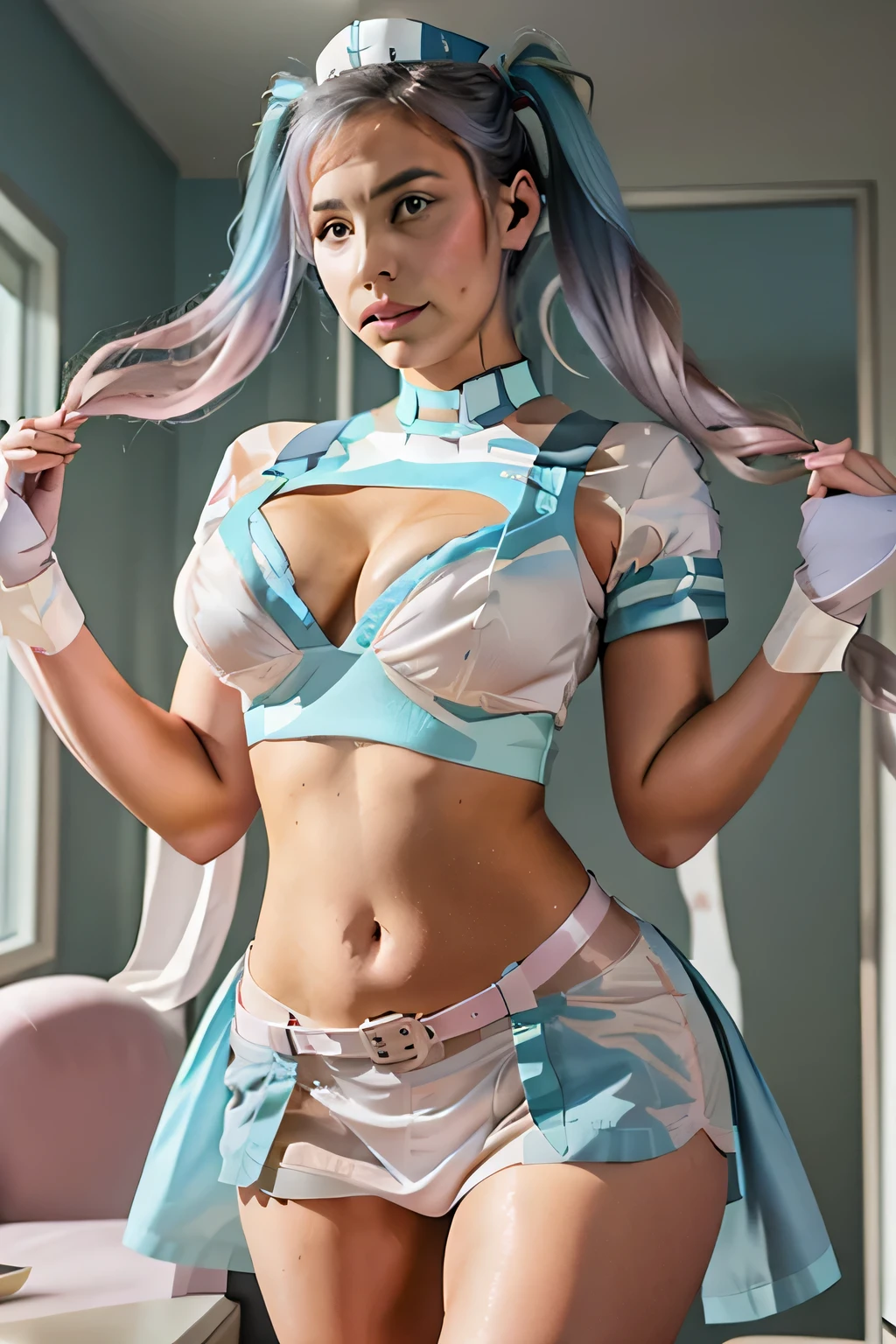  A woman angel goddess tenderness beautiful y wears a white shirt top with blue stripes showing her navel and blue cross shape and hair with two long pigtails mixed pink with blue and hand wears white gloves nurse Eye blue color glitter and underneath she wears a white mini skirt and wears a belt pink 