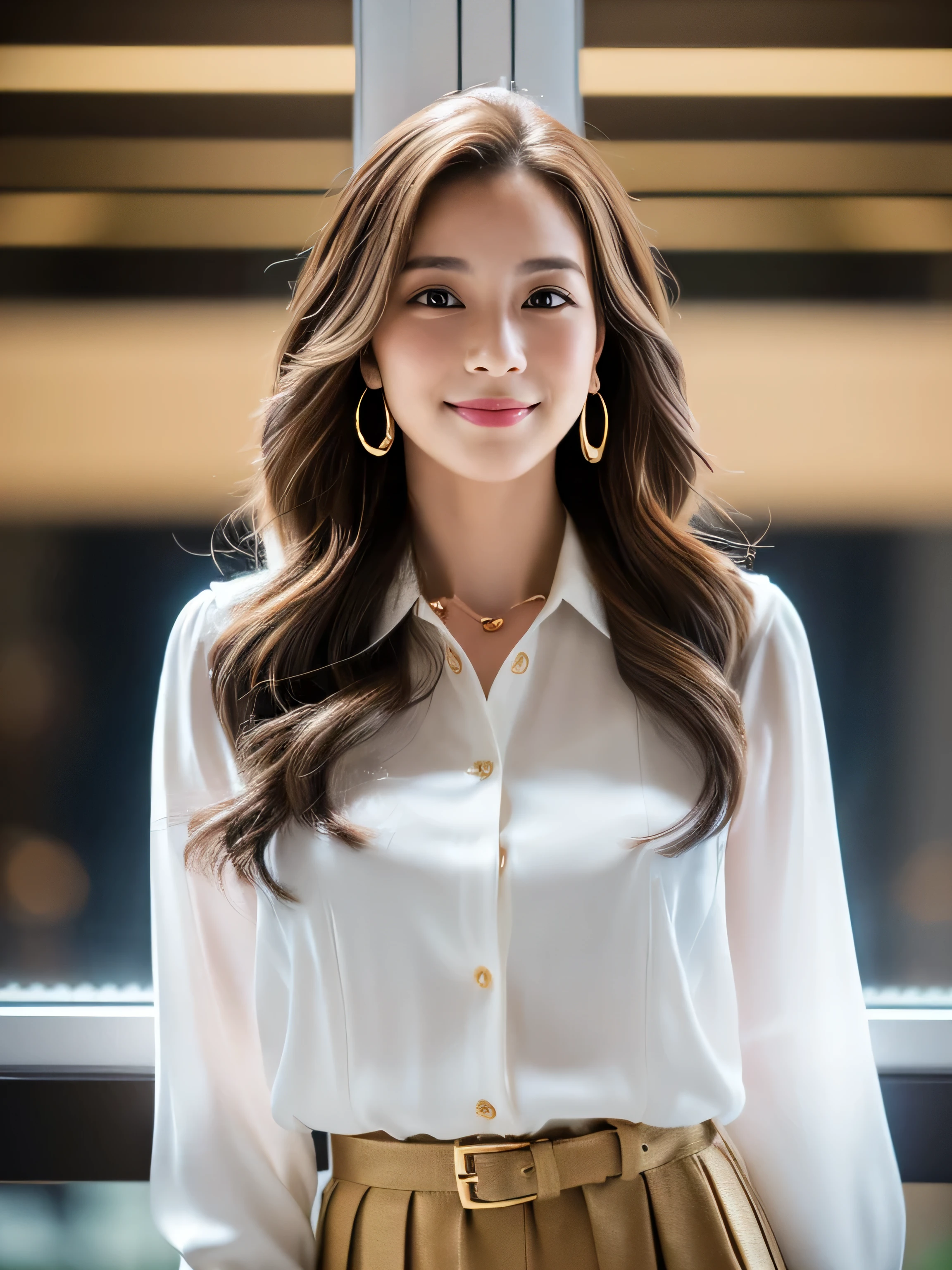 ((highest quality, 8k, masterpiece: 1.3)), 1 girl, smile, whole body, Slim face, Beautiful woman, Medium dark brown hair, White crisp shirt at upper body, The upper body is black straight suit pants, High heels, Highly detailed face, Fine grain, double eyelid, Blurred Background, Slim face, skyscraper, West Shot,((Loosely inward wavy hair:1.2)),((Gold Necklace_Large earrings:1.2)),((Extra long brown hair:1.2))((White long sleeve button up blouse_With collar_Remove up to the second button_Brown pleated mini skirt:1.3)),((look down at the viewer,from below:1.5)),((full figure supermodel standing, entire body in frame))((Skyscrapers look hazy outside the window:1.4)),