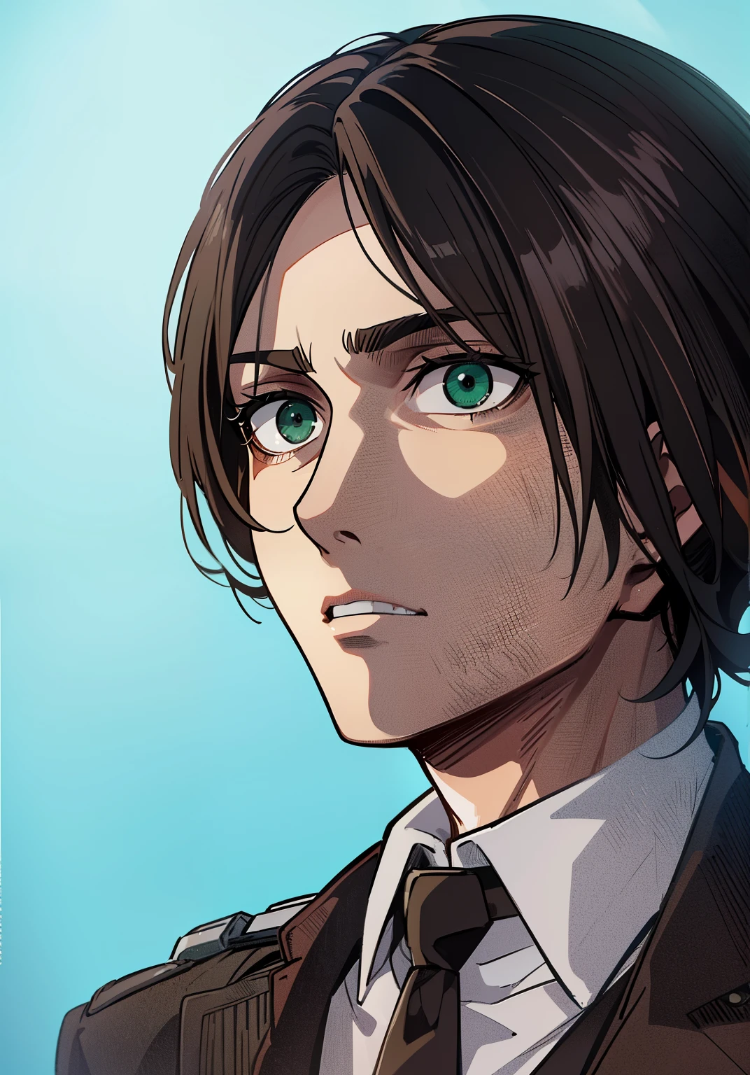 (high-quality, breathtaking),(expressive eyes, perfect face) 1male, male, solo, young adult, medium length black hair, curley hair, brown eyes, military uniform, survey corps attack on titan, shingeki no kyoji, black shirt, brown jacket, green eyes, gentle smile, gentle expression, long straight hairstyle, part of hair combed back, italian, korean hairstyle
