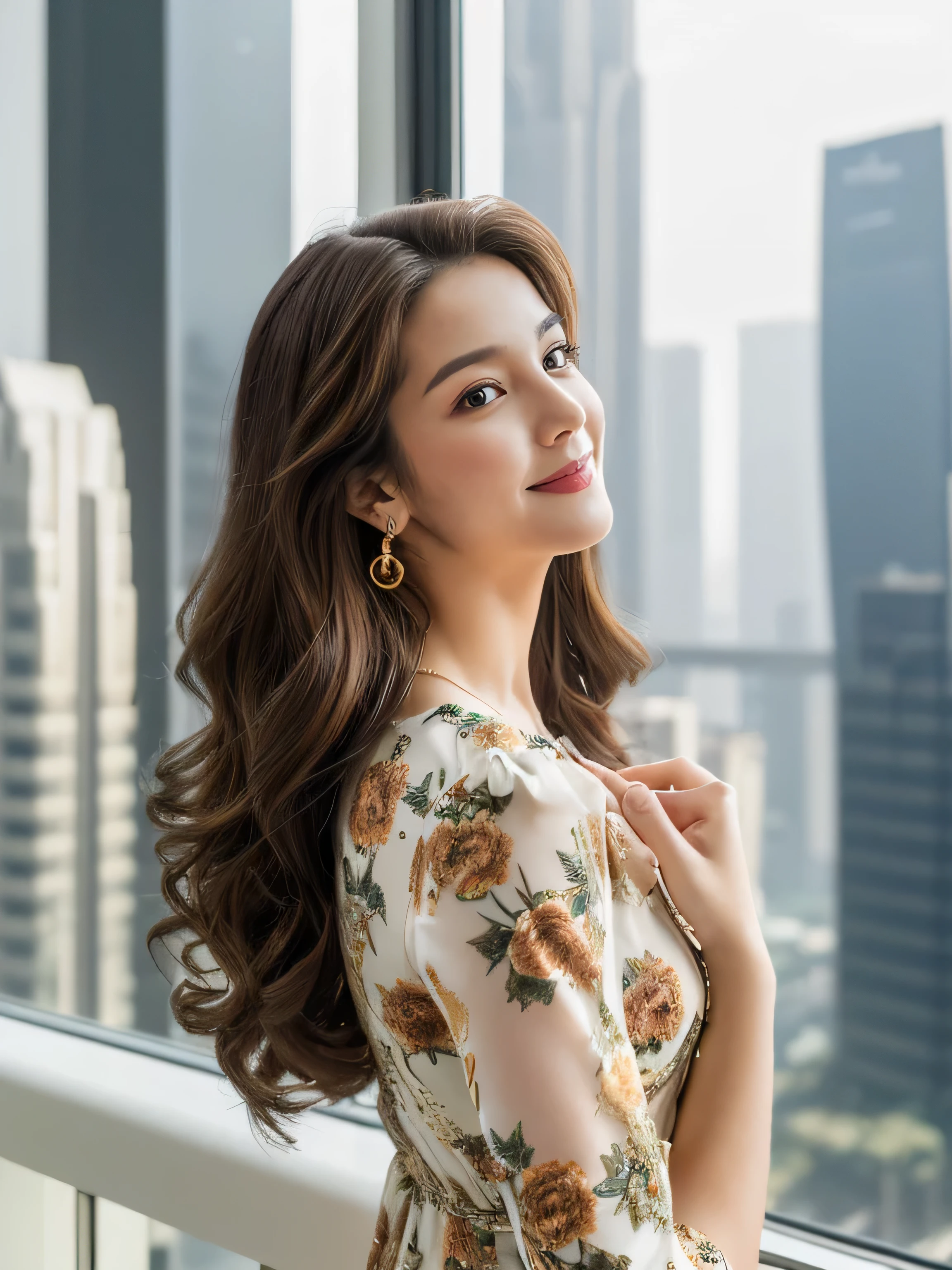 ((highest quality, 8k, masterpiece: 1.3)), 1 girl, smile, whole body, Slim face, Beautiful woman, Medium dark brown hair, White crisp shirt at upper body, The upper body is black straight suit pants, High heels, Highly detailed face, Fine grain, double eyelid, Blurred Background, Slim face, skyscraper, West Shot,((Loosely inward wavy hair:1.2)),((Gold Necklace_Large earrings:1.2)),((Extra long brown hair:1.2))((((wearing Big floral mini dress:1.3))、 ((look down at the viewer,from below:1.5)),((full figure supermodel standing, entire body in frame))((Skyscrapers look hazy outside the window:1.4)),((Place your left hand gently on your chin,right hand holding chest:1.3)),
