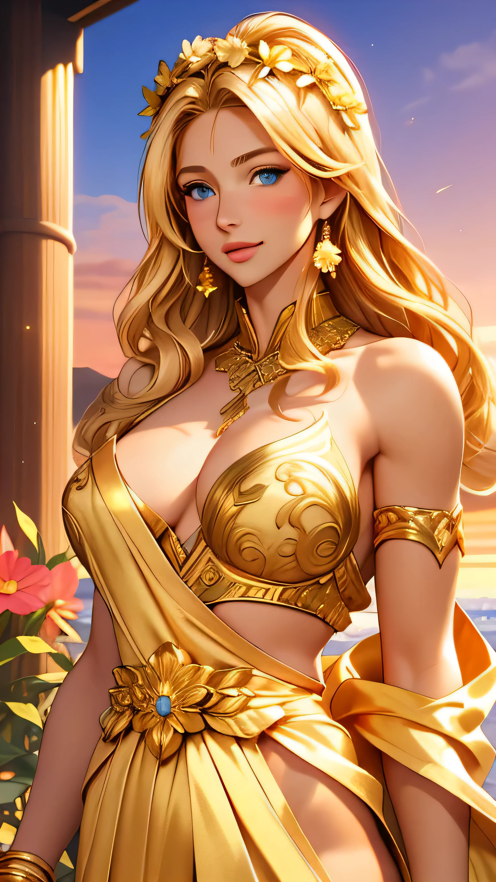 Best quality, 30 year old woman, large breasts, blonde hair, blue eyes, skimpy, sunset, upper body, sexy, angelic, flower crown, golden glow, skimpy golden robes, opulent, luxurious,