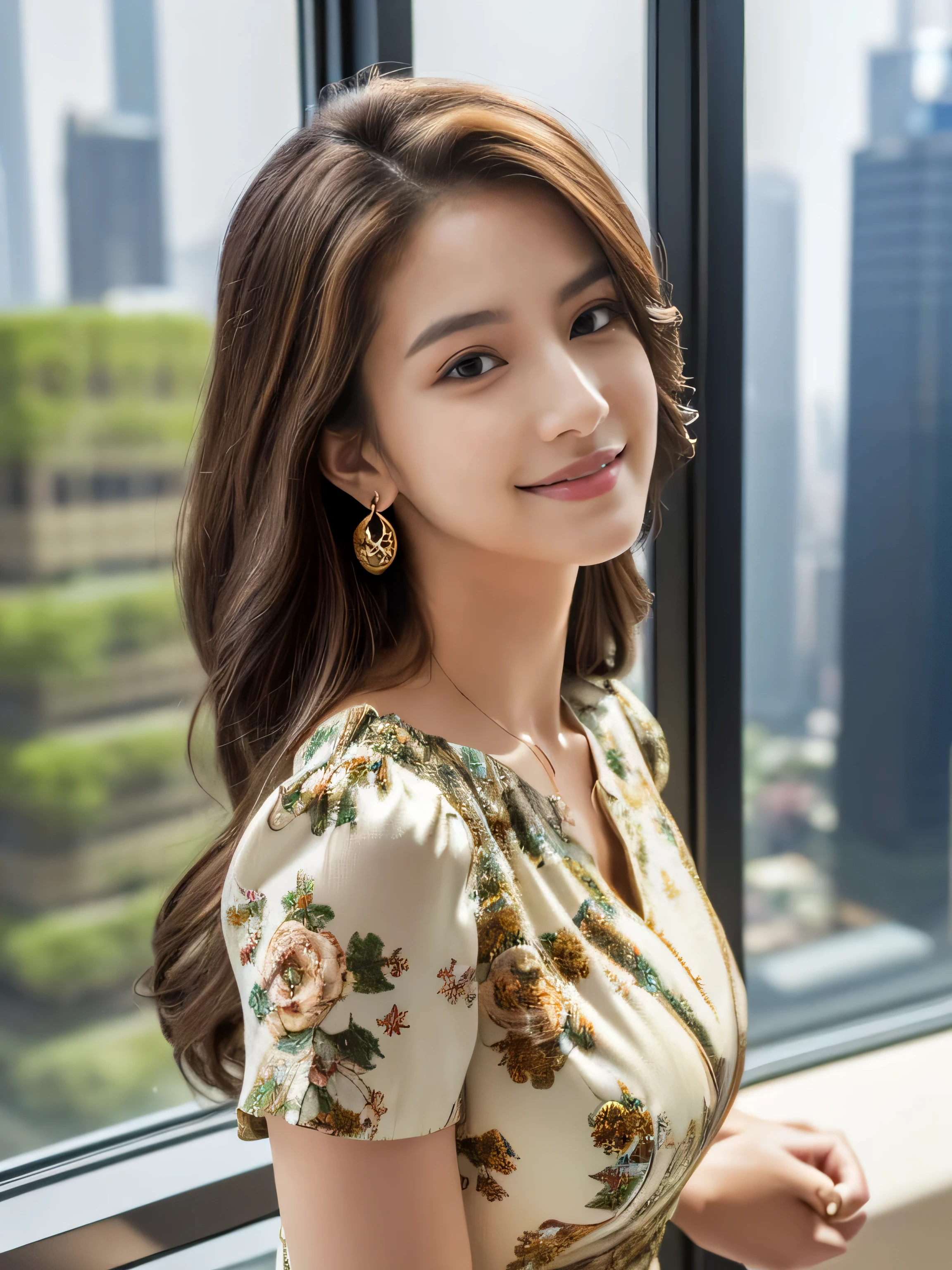 ((highest quality, 8k, masterpiece: 1.3)), 1 girl, smile, whole body, Slim face, Beautiful woman, Medium dark brown hair, White crisp shirt at upper body, The upper body is black straight suit pants, High heels, Highly detailed face, Fine grain, double eyelid, Blurred Background, Slim face, skyscraper, West Shot,((Loosely inward wavy hair:1.2)),((Gold Necklace_Large earrings:1.2)),((Extra long brown hair:1.2))((((wearing Big floral mini dress:1.3))、 ((look down at the viewer,from below:1.5)),((full figure supermodel standing, entire body in frame))((Skyscrapers look hazy outside the window:1.4)),((Place your left hand gently on your chin,right hand holding chest:1.3)),