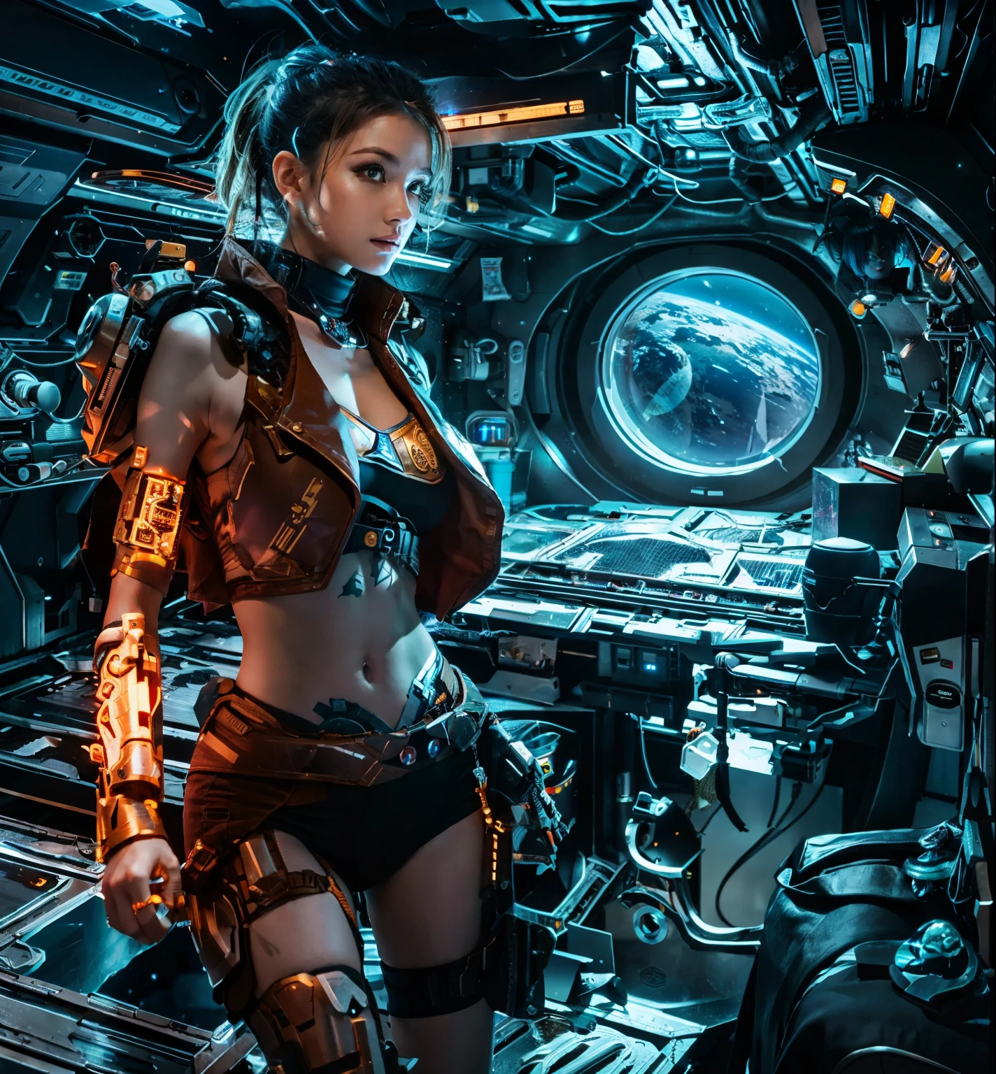 An hiperrealistic beautiful and adorable warrior space woman in a space cabin sci fi scene