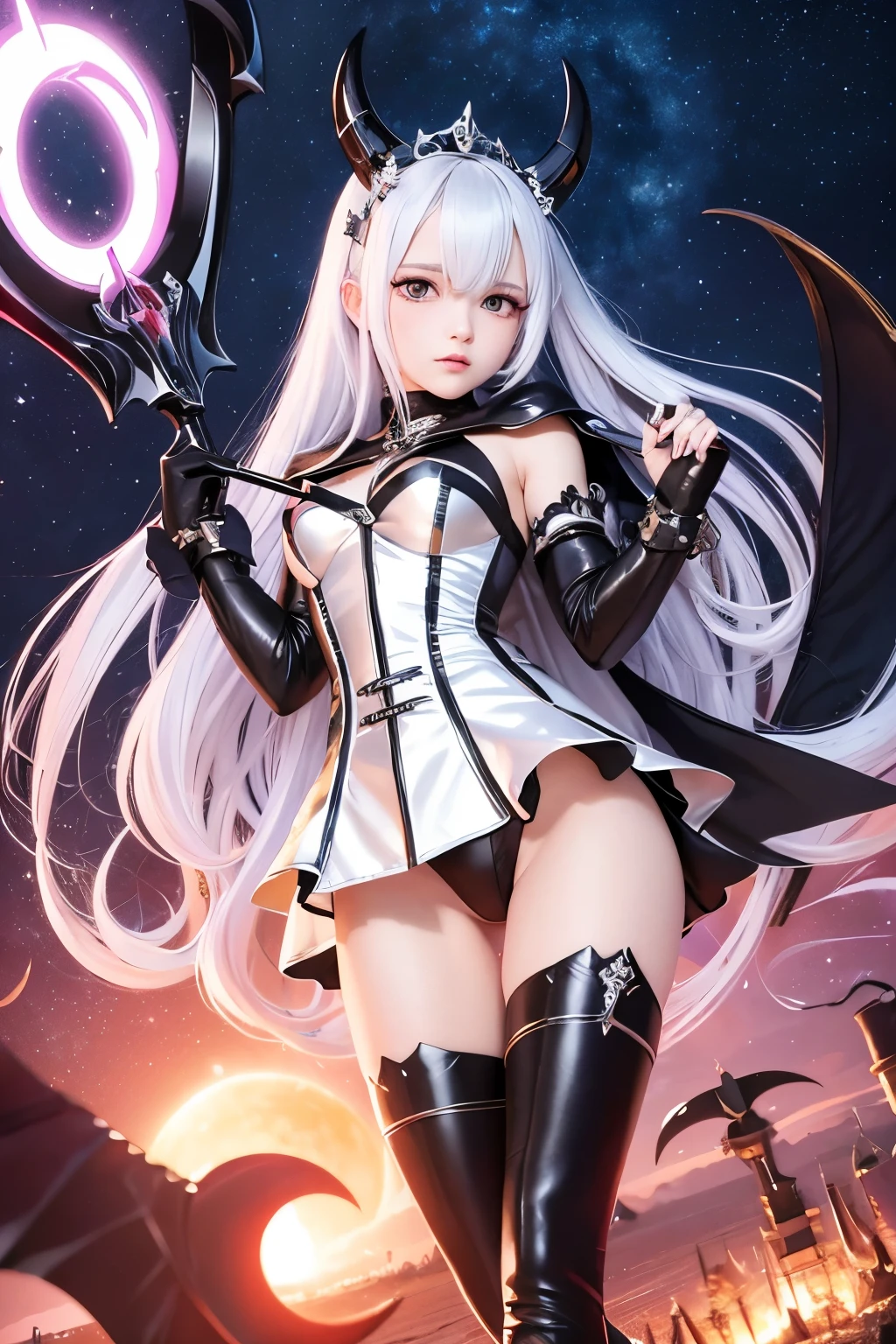 (((highest quality、Masterpiece、Normal body、8k、Detailed face、Ultra-precision、Normal hand、Normal finger、5Finger、Highest)))Golden and silver hair、Princess、Twilight Dress、White and black skirt、Shiny Tiara、Knight Armor、Fluffy costumes、Ridiculous Underwear、metal boots、Death Scythe、Fantasy scythe、disaster々New Scythe、Grim Reaper、grim Reaper、The Devil Behind、demon in background、Devil behind、Devil in the background、collapsing universe、Dimensional Destruction、Distorted Dimensional Fault、Dimensional juxtaposition、Mobius Ring、Dimensional Hole、World Break