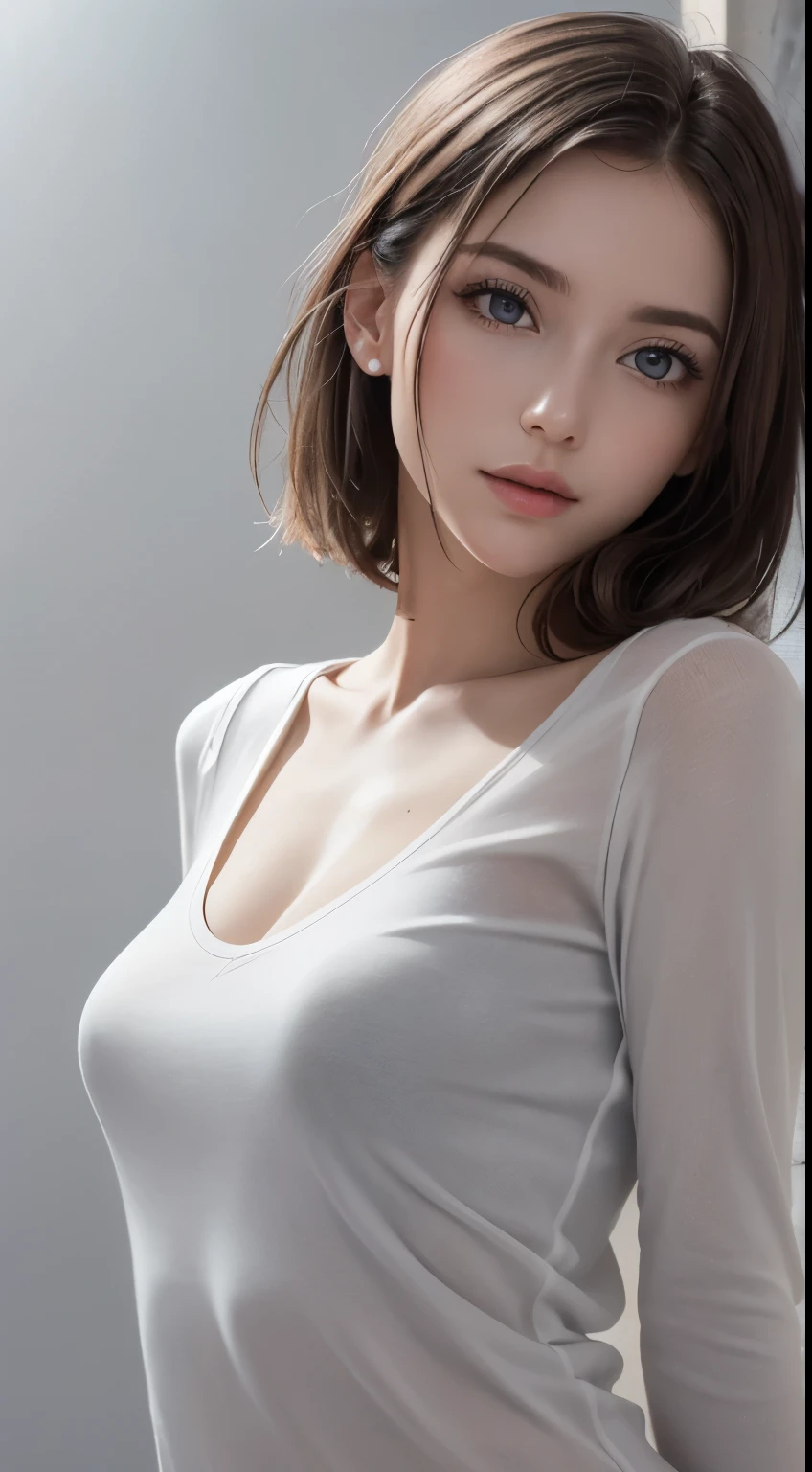 8K Ultra HD、RAWphotograph、モデルphotograph撮影、Russian Race, European laces, (masterpiece, highest quality, photoGenuineistic, High resolution, photograph: 1.3), close, focus on, Hot Model, slim, 30 years old、Small face、Shortcuts、Dark brown hair、Beautiful eyes in every detail、Genuineな肌, (Perfect body), Sexy hot face, erotic, sexual sight, slim, Sweat top, Beautiful eyes in every detail、Glossy Lips、Small breasts、、Bust B cup、((Bright light、Dynamic Lighting、Genuine、超Genuine、 Genuineism、Genuineistic details、Cool Beauty、cool pose、Background gray、Plain gray background