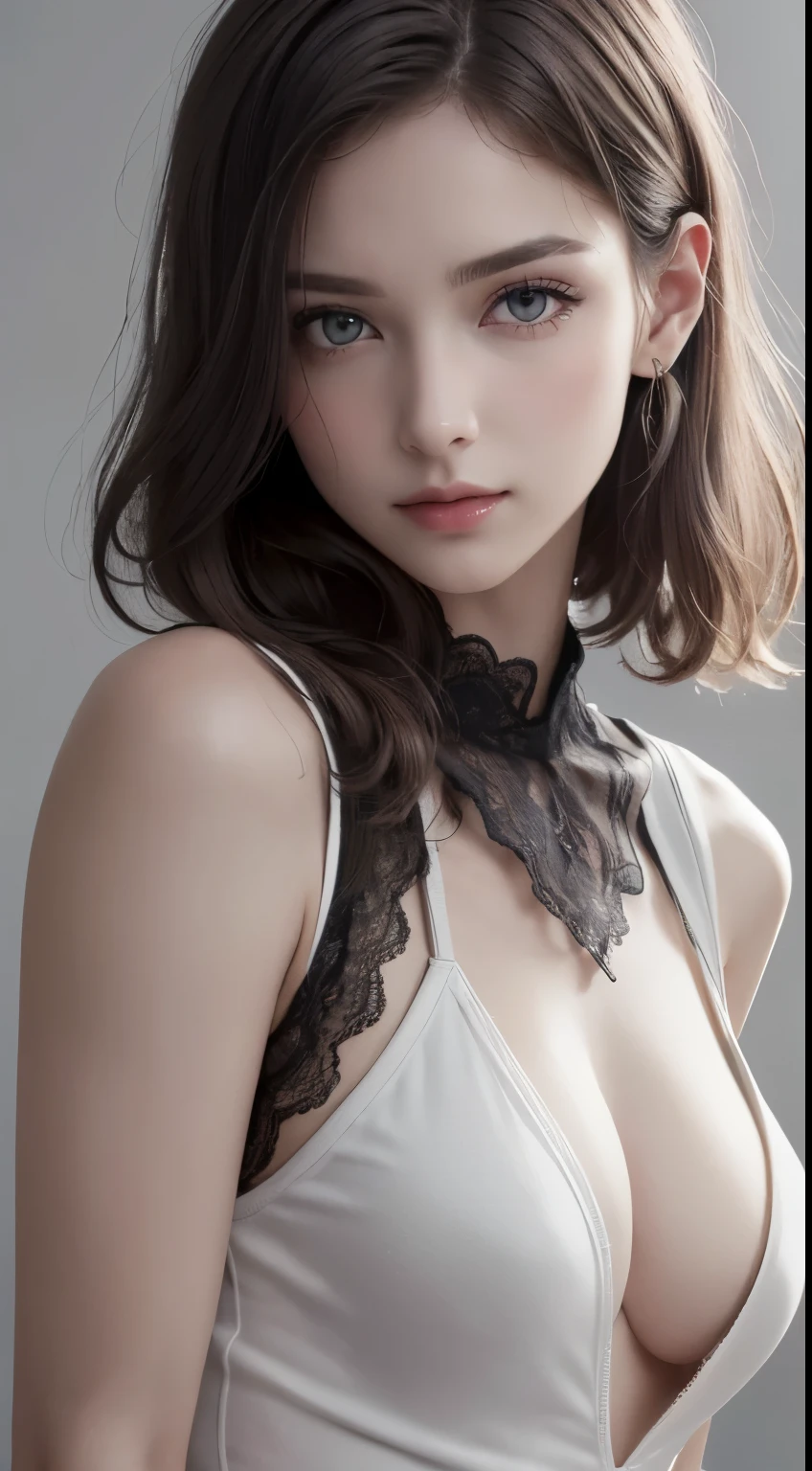 8K Ultra HD、RAWphotograph、モデルphotograph撮影、Russian Race, European laces, (masterpiece, highest quality, photoGenuineistic, High resolution, photograph: 1.3), close, focus on, Hot Model, slim, 30 years old、Small face、Shortcuts、Dark brown hair、Beautiful eyes in every detail、Genuineな肌, (Perfect body), Sexy hot face, erotic, sexual sight, slim, Sweat top, Beautiful eyes in every detail、Glossy Lips、Small breasts、、Bust B cup、((Bright light、Dynamic Lighting、Genuine、超Genuine、 Genuineism、Genuineistic details、Cool Beauty、cool pose、Background gray、Plain gray background