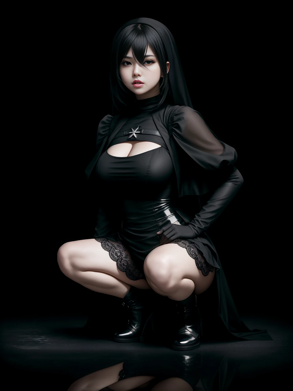 there is YoRHa No. 2 Type B squatting, alluring expression, very bold, upper  visible, full body photo, standing legs apart, pale translucent glowing skin, most beautiful face, cute, (dark plain black background:1.4))