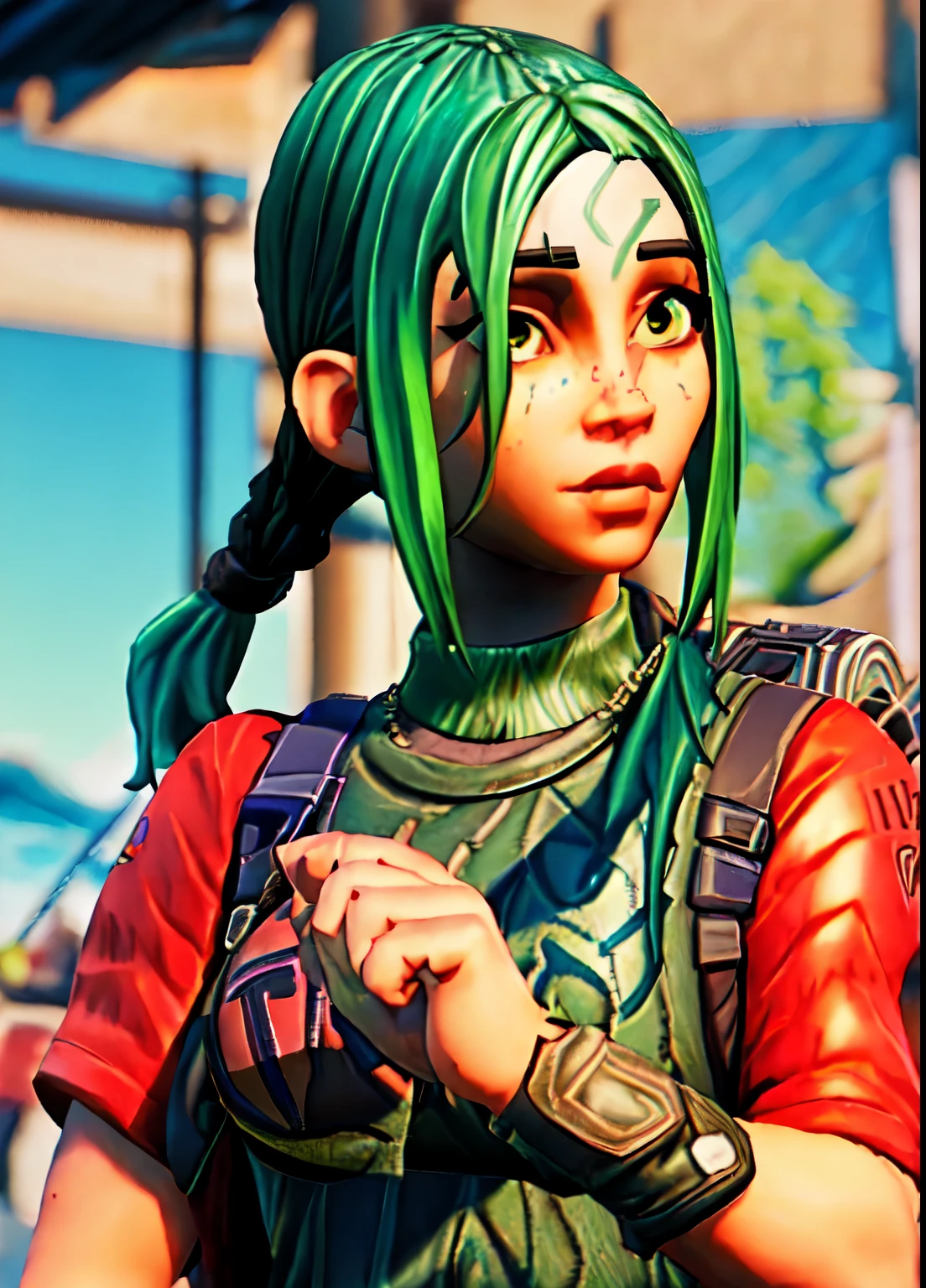 (Fortnite, Billie Eilish, Avatar the last airbender background) black hair, pigtails, green highlights, baggy clothes, looking at viewer, 3D, 4k, masterpiece,