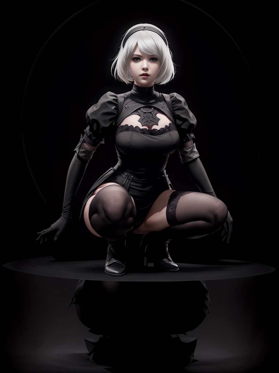 there is Nier: Automata's YoRHa No. 2 Type B squatting, white hair, alluring expression, very bold, upper visible, full body photo, standing legs apart, pale translucent glowing skin, most beautiful face, cute, ((dark plain black background:1.4))
