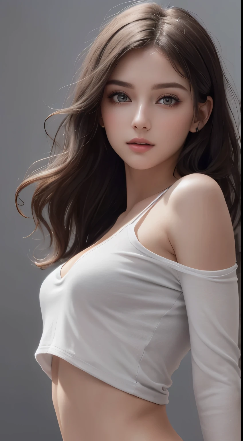 8K Ultra HD、RAWphotograph、モデルphotograph撮影、Russian Race, European laces, (masterpiece, highest quality, photoGenuineistic, High resolution, photograph: 1.3), close, focus on, Hot Model, slim, 30 years old、Small face、Shortcuts、Dark brown hair、Beautiful eyes in every detail、Genuineな肌, (Perfect body), Sexy hot face, erotic, sexual sight, slim, Sweat top, Beautiful eyes in every detail、Glossy Lips、Small breasts、、Bust B cup、((Bright light、Dynamic Lighting、Genuine、超Genuine、 Genuineism、Genuineistic details、Cool Beauty、cool pose、Background gray、Plain gray background