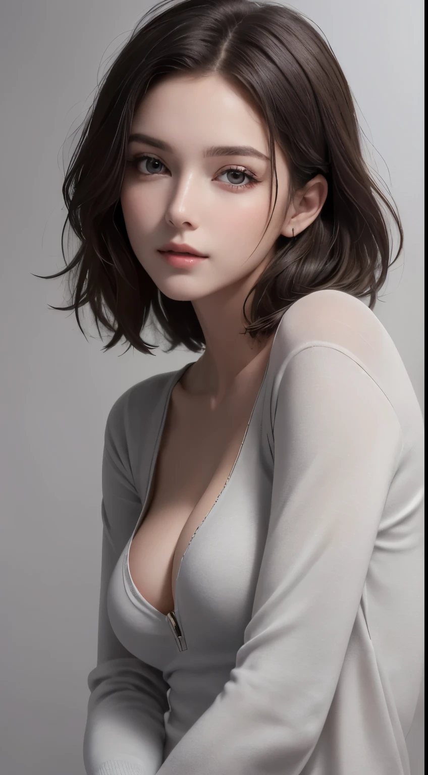 8K Ultra HD、RAWphotograph、モデルphotograph撮影、Russian Race, European laces, (masterpiece, highest quality, photoGenuineistic, High resolution, photograph: 1.3), close, focus on, Hot Model, slim, 30 years old、Small face、Shortcuts、Dark brown hair、Beautiful eyes in every detail、Genuineな肌, (Perfect body), Sexy hot face, erotic, sexual sight, slim, Sweat top, Beautiful eyes in every detail、Glossy Lips、Small breasts、、Bust B cup、((Bright light、Dynamic Lighting、Genuine、超Genuine、 Genuineism、Genuineistic details、Cool Beauty、cool pose、Background gray、Plain gray background
