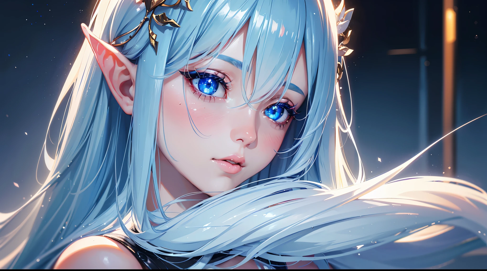 (best quality,4k,8k,highres,masterpiece:1.2),ultra-detailed,(realistic,photorealistic,photo-realistic:1.37), landscape, Beautiful female, young, fine features. Her skin is pale as the snow with a nice blush on her cheeks and nose. Her eyes are siren shaped ones,shinny blue. with long bautiful lashes. Her hair is long and white, straight and glossy. Elf ears. darkness,cool tones, ethereal lighting anime.