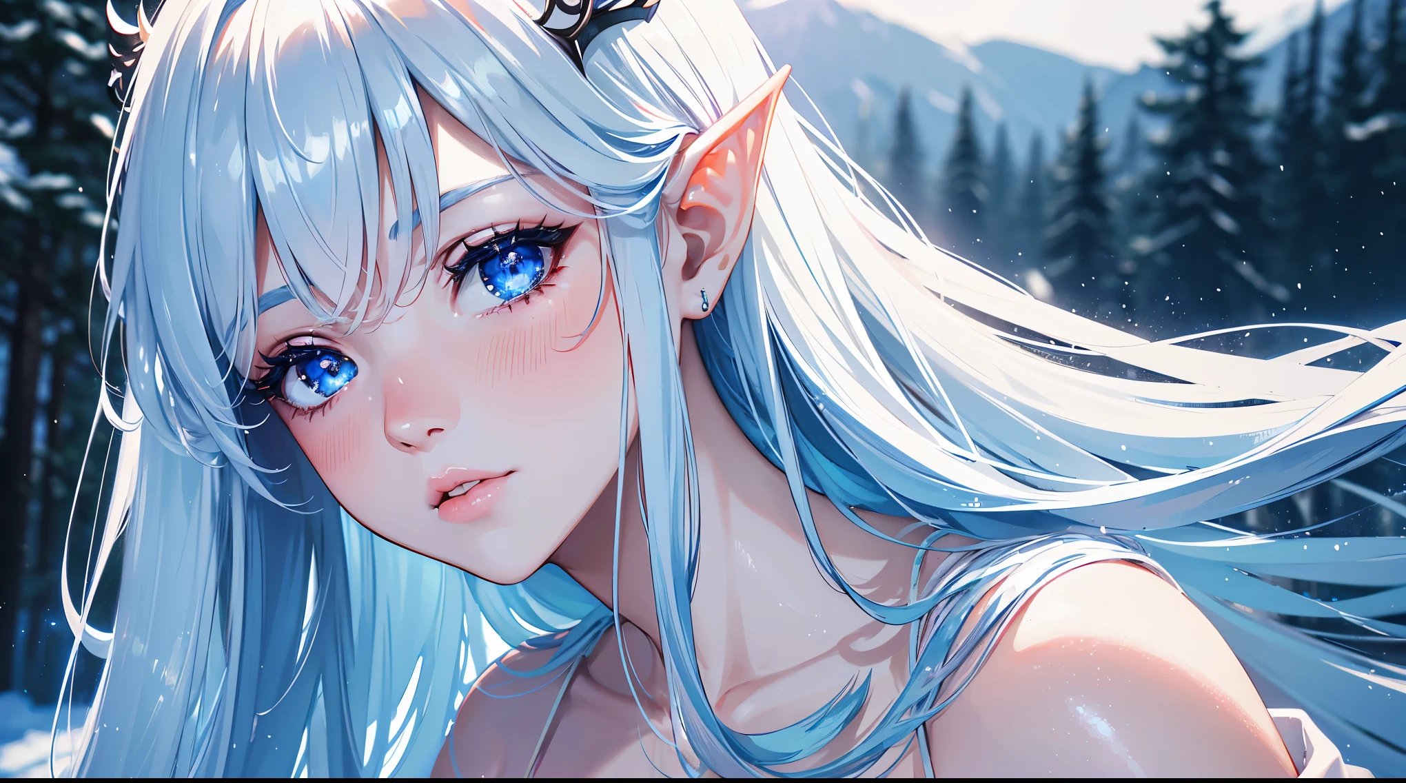 (best quality,4k,8k,highres,masterpiece:1.2),ultra-detailed,(realistic,photorealistic,photo-realistic:1.37), landscape, Beautiful female, young, fine features. Her skin is pale as the snow with a nice blush on her cheeks and nose. Her eyes are siren shaped ones,shinny blue. with long bautiful lashes. Her hair is long and white, straight and glossy. perfect Elf ears. darkness, cool tones, ethereal lighting, anime.