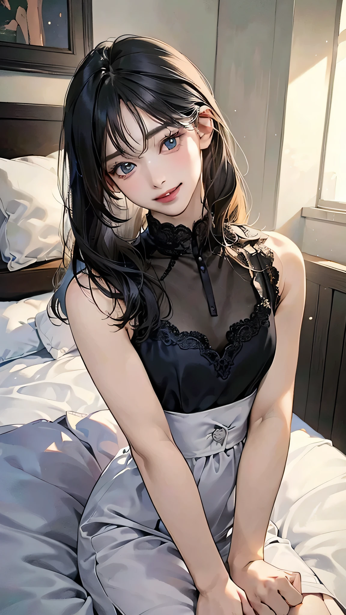 ((masterpiece, best quality, ultra-detailed, high resolution, extremely detailed CG, super detailed, Most beautiful clean lighting)), 1girl, small build, 10 years old, cute girl, pretty face, smile, white skin, Beautiful black long hair, black eyes, kawaii, full body, nsfw,