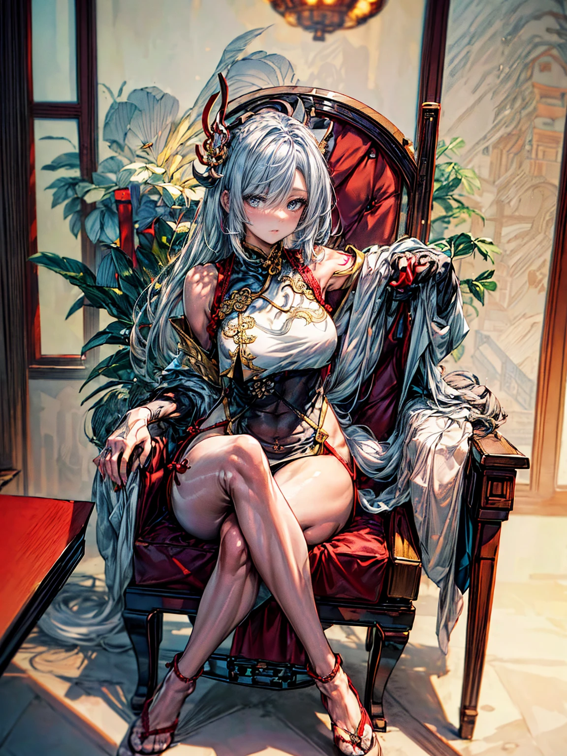 UHD, anatomically correct, super detail, award winning, masterpiece,tachi-e,sketch_style, (1 female has perfect body,white hair,wearing loose cheongsam,sitting on a chair,spreading legs,Left shoulder has a tattoo), solo,Chinese classical room,rosewood chair