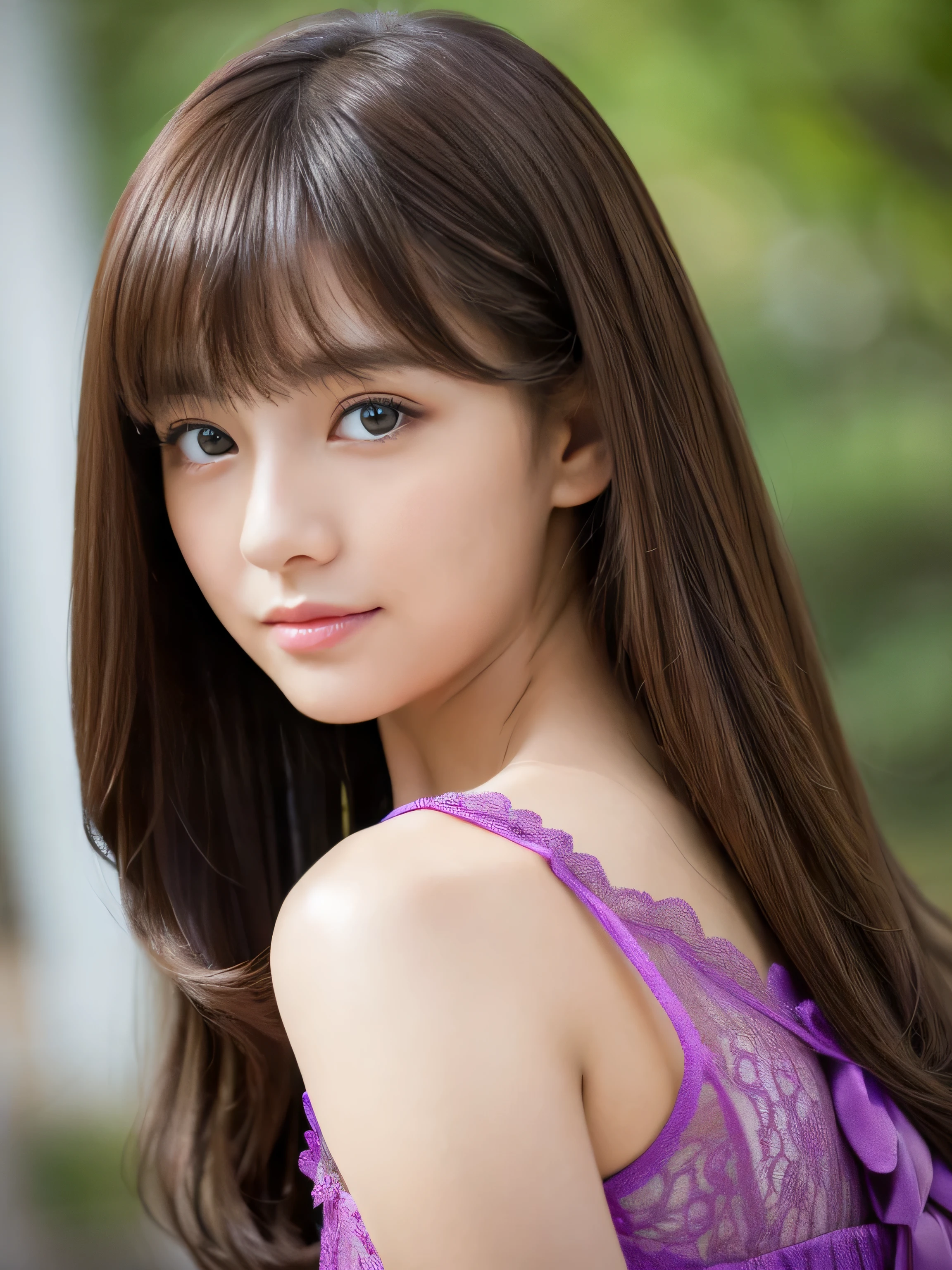 (Pure white wall background:1.8. Photo of upper body from waist up) (The most beautiful -yeld jupan) (She looks at the viewer with a very seductive expression.....) ((Her hair is incredibly straight and curled.、Very shiny、Beautiful as silk、very long, Pure brown hair with great detail, Thinning hair, And that is'rich Very detailed)) ((highest quality)), ((masterpiece)), (familiar) (Get used to it) Perfect Face (Her skin is a typical Japanese skin color......、Very detailed) (Big Breasts:1.3) (She is wearing a purple dress with lots of lace....) (She has a beautiful face and a slim figure..., Narrow eyes.) (Her bangs Well Organized) (She has perfect beautiful makeup and face Lipstick is light red A solid eyeliner) ((rich 1.4)) (Extremely detailed 8K) (Stable Diffusion Model) (Ultra-fine skin texture 1.4) (Actual, Vibrant:1.4), double eyelid Sharp focus:1.2、Beautiful woman:1.4 Dynamic Lighting (Genuine RAW photos taken by professional photographers) (Her long bangs、Well Organized) (Turn your whole body to the viewer) Professionally lit from the front (Her hair is dark brown) (Her hair is dark brown) (Her hair is dark brown) (She has a bright and cheerful look)