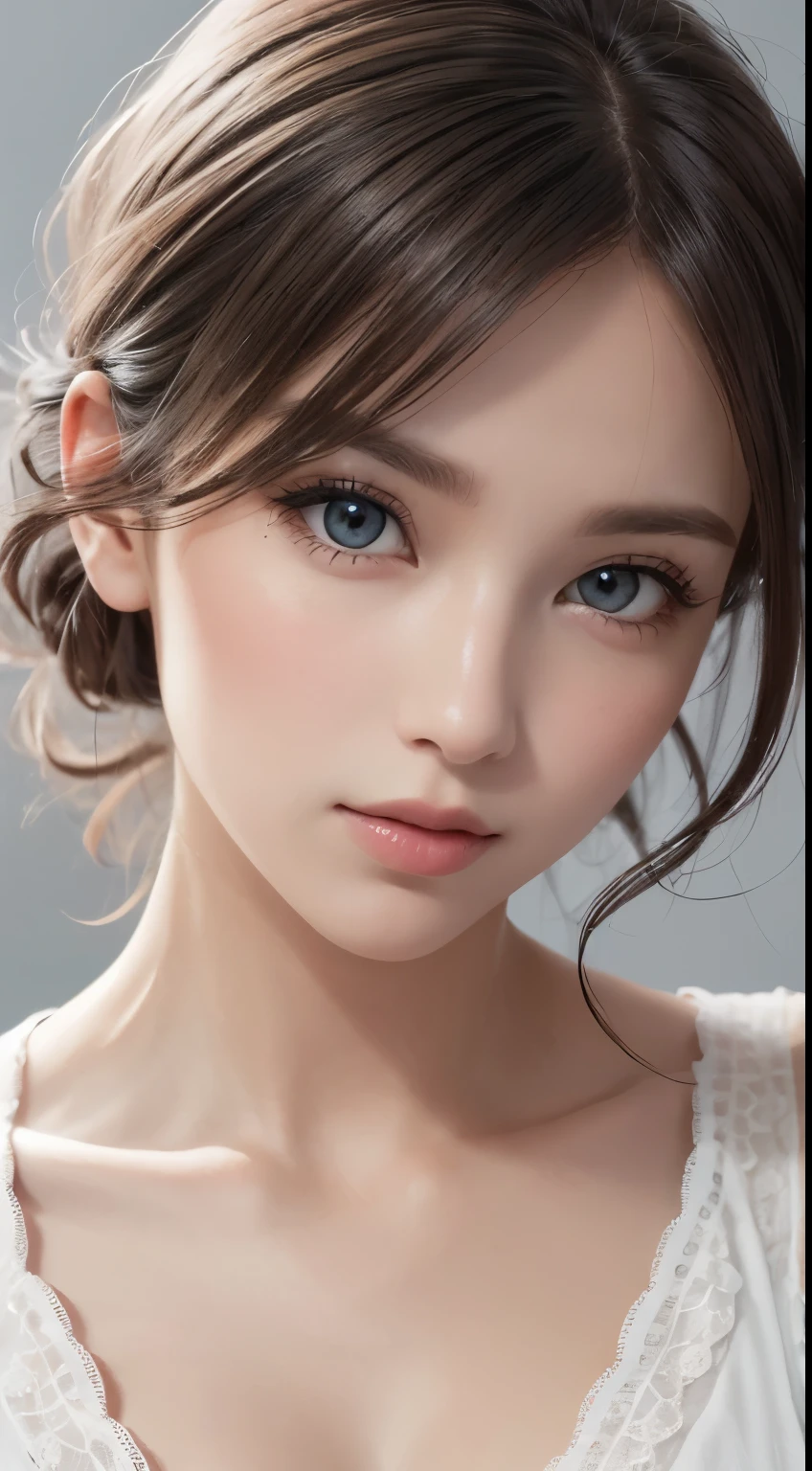 8K Ultra HD、RAWphotograph、モデルphotograph撮影、Russian Race, European laces, (masterpiece, highest quality, photoGenuineistic, High resolution, photograph: 1.3), close, focus on, Hot Model, slim, 30 years old、Small face、Shortcuts、Dark brown hair、Beautiful eyes in every detail、Genuineな肌, (Perfect body), Sexy hot face, erotic, sexual sight, slim, Sweat top, Beautiful eyes in every detail、Glossy Lips、Small breasts、、Bust B cup、((Bright light、Dynamic Lighting、Genuine、超Genuine、 Genuineism、Genuineistic details、Cool Beauty、cool pose、Background gray、Plain gray background,Close up your face