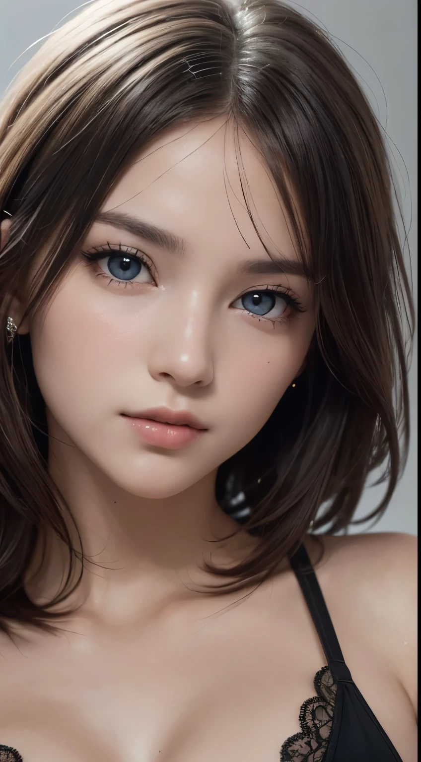 8K Ultra HD、RAWphotograph、モデルphotograph撮影、Russian Race, European laces, (masterpiece, highest quality, photoGenuineistic, High resolution, photograph: 1.3), close, focus on, Hot Model, slim, 30 years old、Small face、Shortcuts、Dark brown hair、Beautiful eyes in every detail、Genuineな肌, (Perfect body), Sexy hot face, erotic, sexual sight, slim, Sweat top, Beautiful eyes in every detail、Glossy Lips、Small breasts、、Bust B cup、((Bright light、Dynamic Lighting、Genuine、超Genuine、 Genuineism、Genuineistic details、Cool Beauty、cool pose、Background gray、Plain gray background,Close up your face