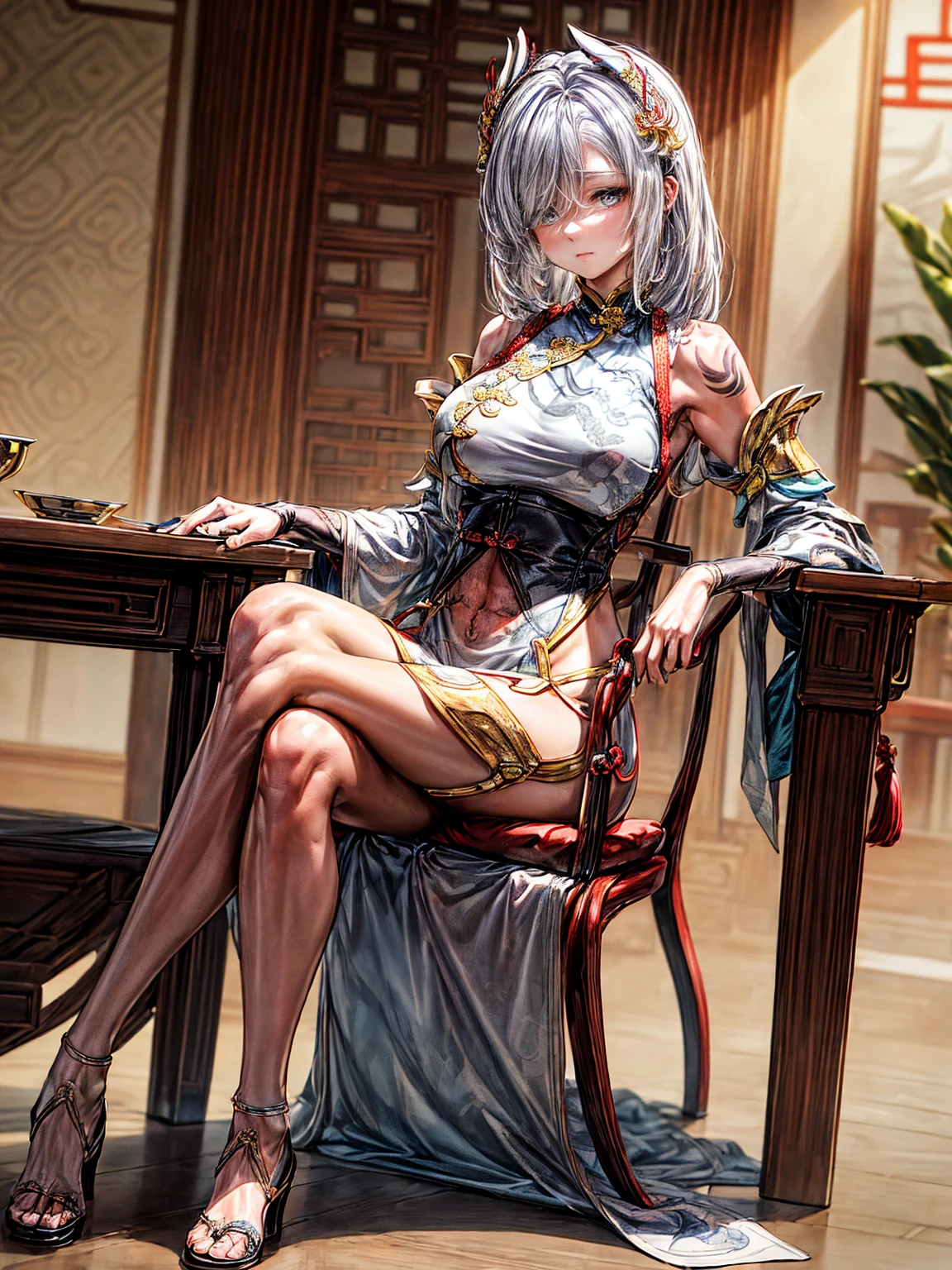 UHD, anatomically correct, super detail, award winning, masterpiece,tachi-e,sketch_style, (1 female has perfect body,white hair,wearing loose cheongsam,sitting on a chair,spreading legs,Left shoulder has a tattoo), solo,Chinese classical room,rosewood chair