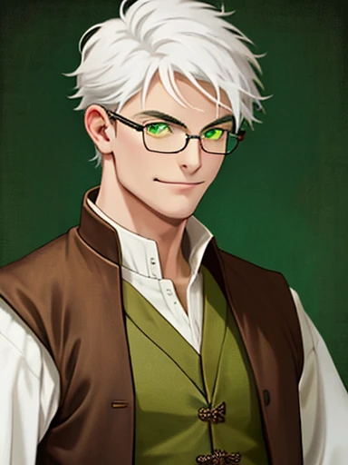Human Male, white hair Style , (( best quality)) , wearing Glasses , Green pupils, smug face, medieval Clothing ,brown vest