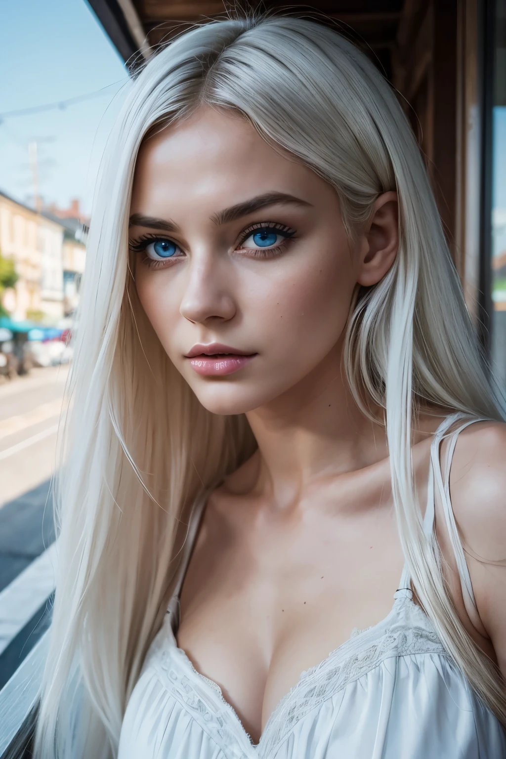 Pure white hair, Pure white hair, (waist length hair), glowing hair, detailed hair, Blue eyes, beautiful eyes, extremely detailed eyes and face, Beautiful detailed eyes, ultra detailed, The world in the face, (shiny lips 1.4), bright skin, 18 year old girl, 8 thousand., masterpiece, Best quality, photorealistic, ultra detailed, (Villages), realistic skin textures, huge breasts, Look at the viewer, summer dress, Cinema light, Focus on the face, Perfect eyes, detailed face, fair face, Daylight, Outdoor cafe in the background, Sit down at the table, (leaned back), (Low-angle shots), (bottom view), hands behind, Close-up, Sitting posture, excited, anxious face, fright, frightанное лицо, anxiety on face, frightанное выражение лица, fright, frightанный