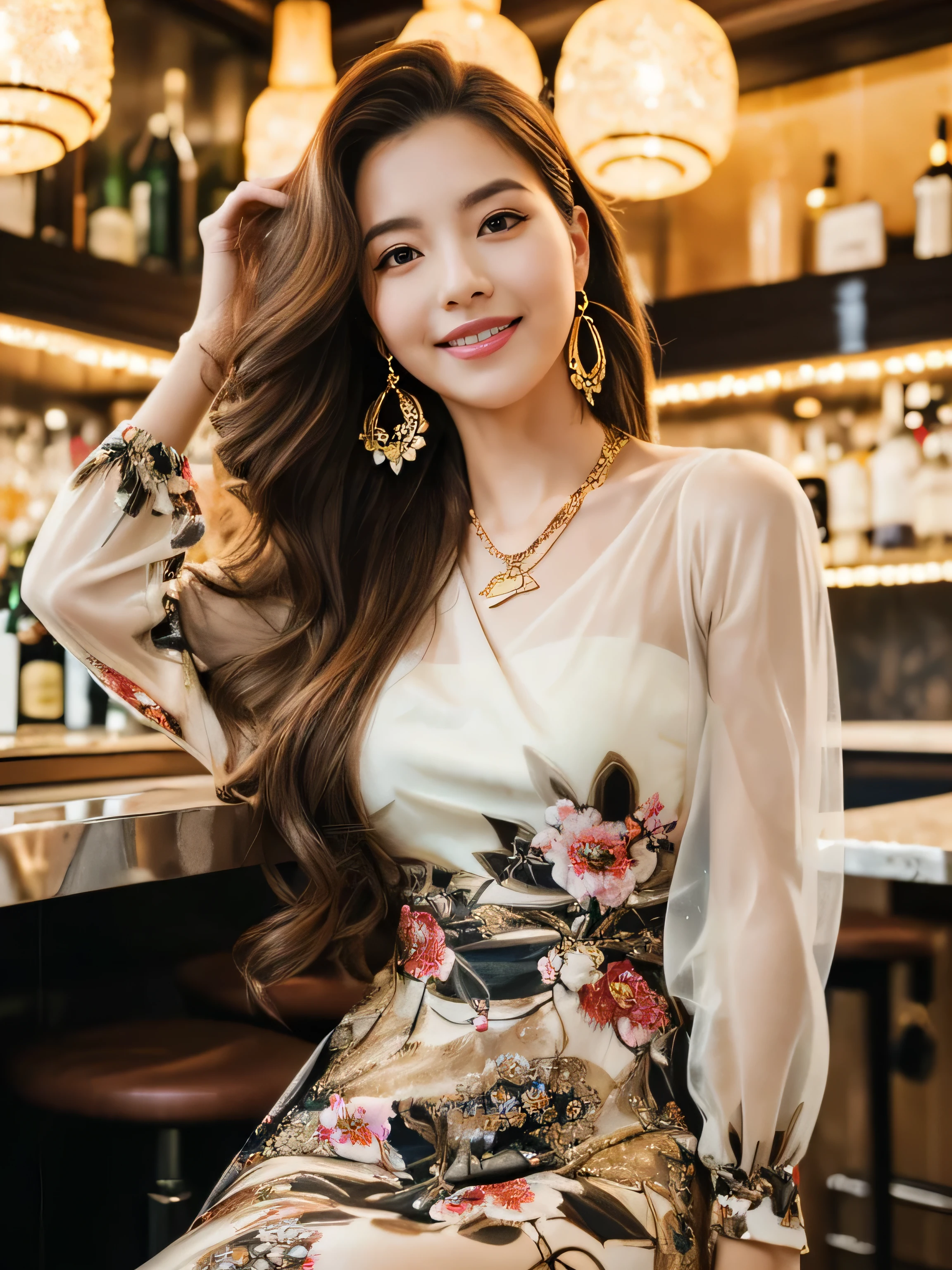 A woman sitting at a bar with a glass of wine - SeaArt AI