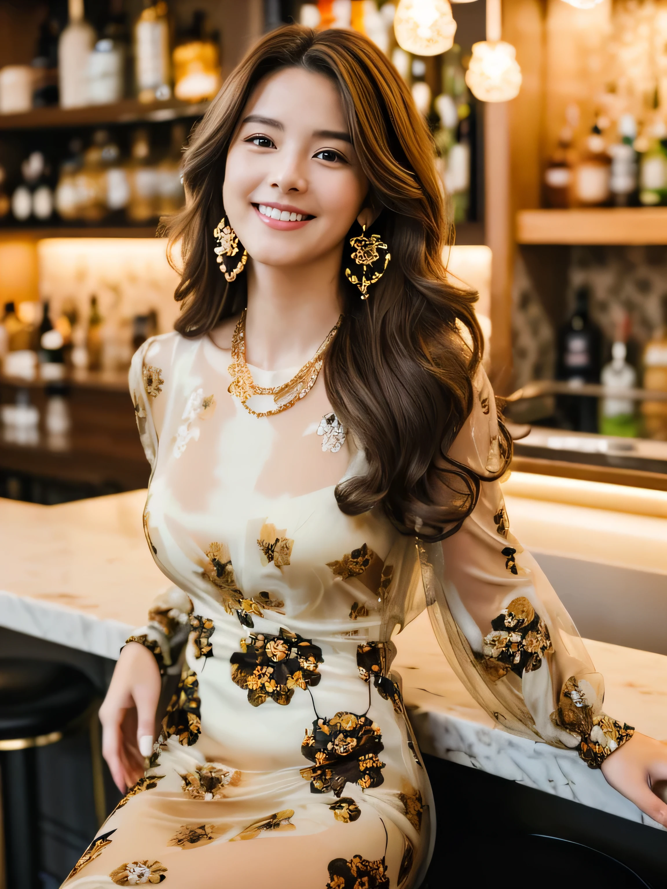 ((highest quality, 8k, masterpiece: 1.3)), 1 girl, smile, whole body, Slim face, Beautiful woman, Medium dark brown hair, White crisp shirt at upper body, The upper body is black straight suit pants, High heels, Highly detailed face, Fine grain, double eyelid, Blurred Background, Slim face, skyscraper, West Shot,((Loosely inward wavy hair:1.2)),((Gold Necklace＿Large earrings:1.2)),((Extra long brown hair:1.2))((((wearing Big floral mini dress‗long sleeve_see-through:1.3))、((full figure supermodel standing, entire body in frame)),,((Sits on a bar chair by the counter in a seductive pose in a stylish bar at night:1.1))、