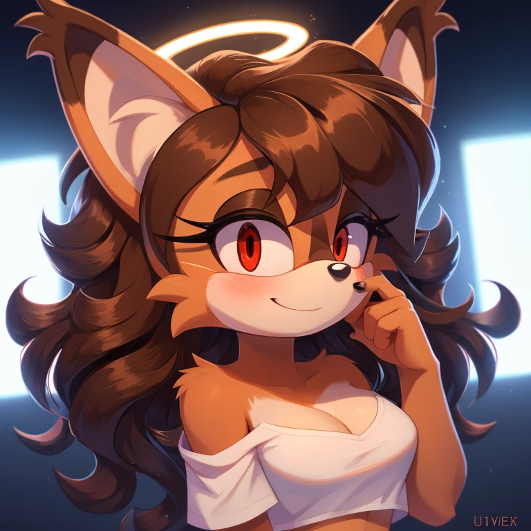 mobian, hedgehog, two-tone fur ((orange fur, brown fur)), pyjama elastic shorts, strapless crop top, cleavage, high-top sneakers, two-tone hair (brown hair, black tip)), curly hair, halo, sunglasses, jewelry, red eyes, longeyelashes, red eyes, smile, shy, blush, high detail, masterpiece, UHD, anatomically correct, super detail, highres, 4K