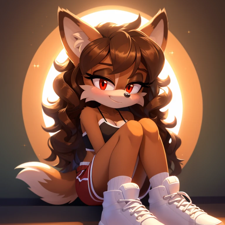 mobian, hedgehog, two-tone fur ((orange fur, brown fur)), pyjama elastic shorts, strapless crop top, cleavage, high-top sneakers, two-tone hair (brown hair, black tip)), curly hair, halo, sunglasses, jewelry, red eyes, longeyelashes, red eyes, smile, shy, blush, high detail, masterpiece, UHD, anatomically correct, super detail, highres, 4K