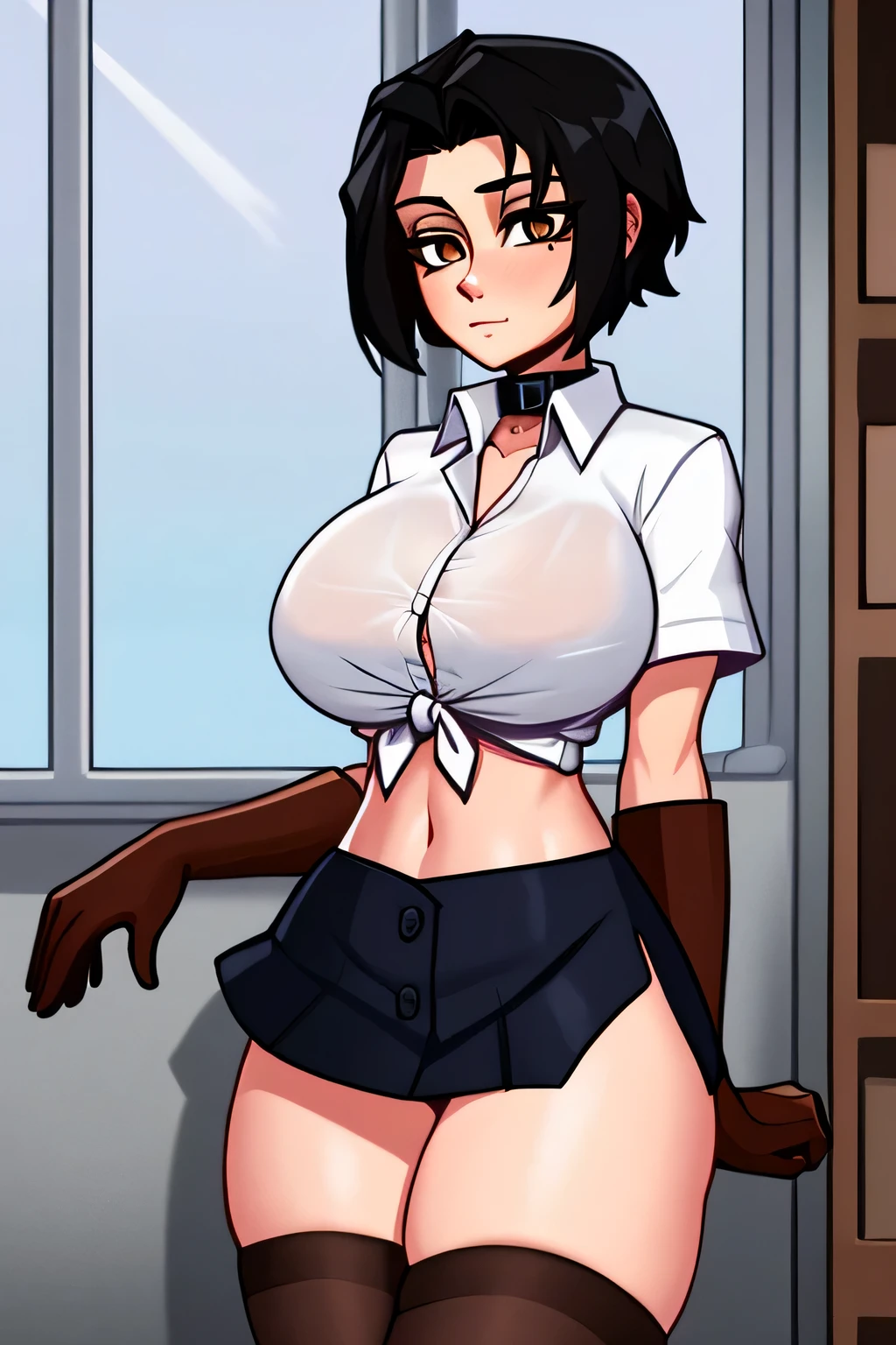 A woman with a sexy apprentice, big breast, smooth black hair, longer, her light brown eye, her cheek painted in light pink, dresses in a school shirt, a white button-down shirt, tied in a knot, shows a navel, and a black miniskirt, tight gray socks, long legs, and brown shoes, a black collar, and a black collar, and she has red gloves on her hand. coach