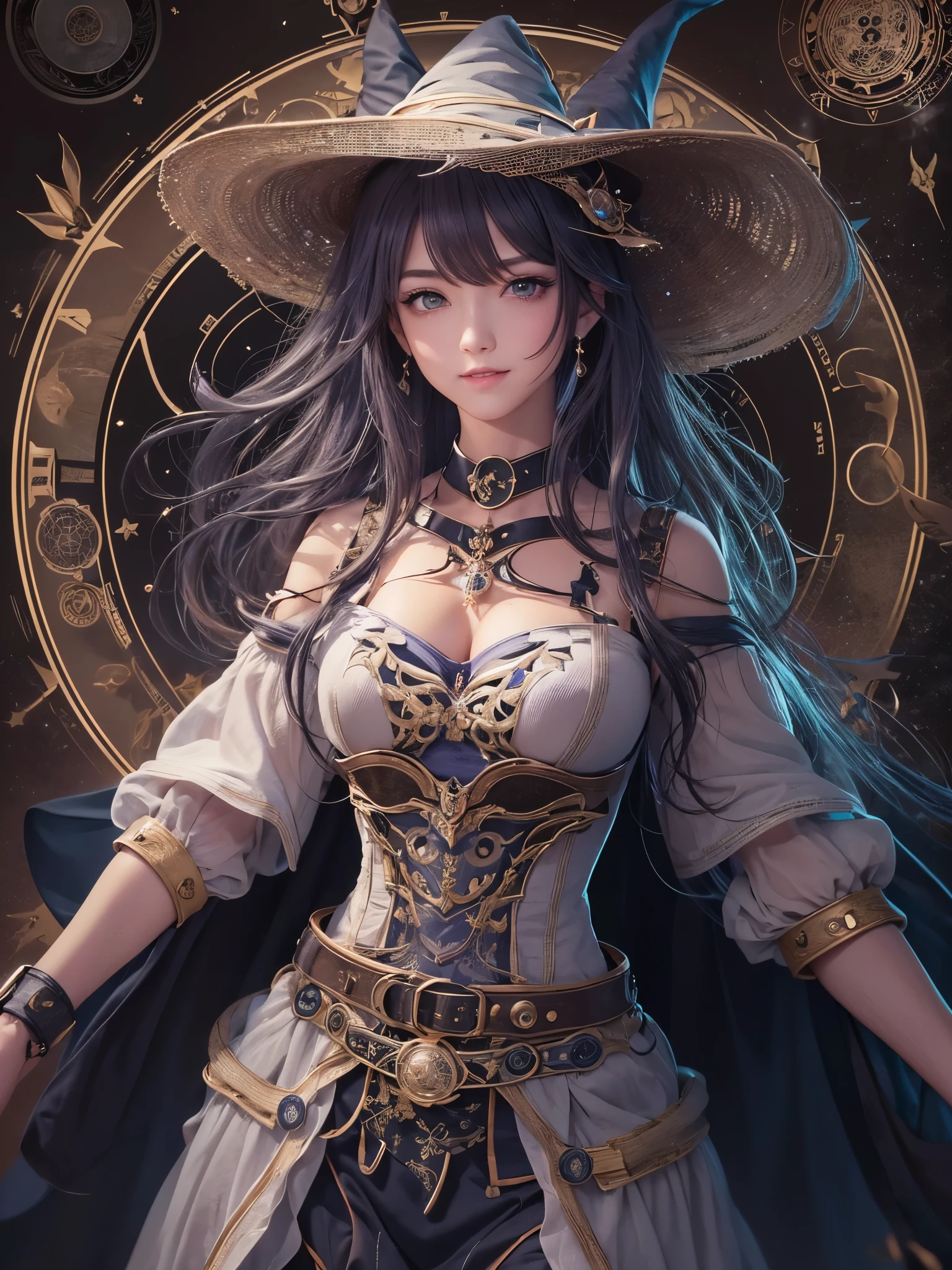 ((highest quality)),(Ultra-high resolution),(Very detailed),(Detailed Description),((The best CG)),(A masterpiece),Ultra-precise art,amazing drawing art,(Art with precise detail:1.5), (witch:1.5),(Beautiful and well-proportioned face:1.6),(Toned body:1.7),(ハイレグレオタードのwitch服:1.6),(Fearless smile:1.6), ((Gear Magic Circle:1.6)), Seven-colored belt:1.6