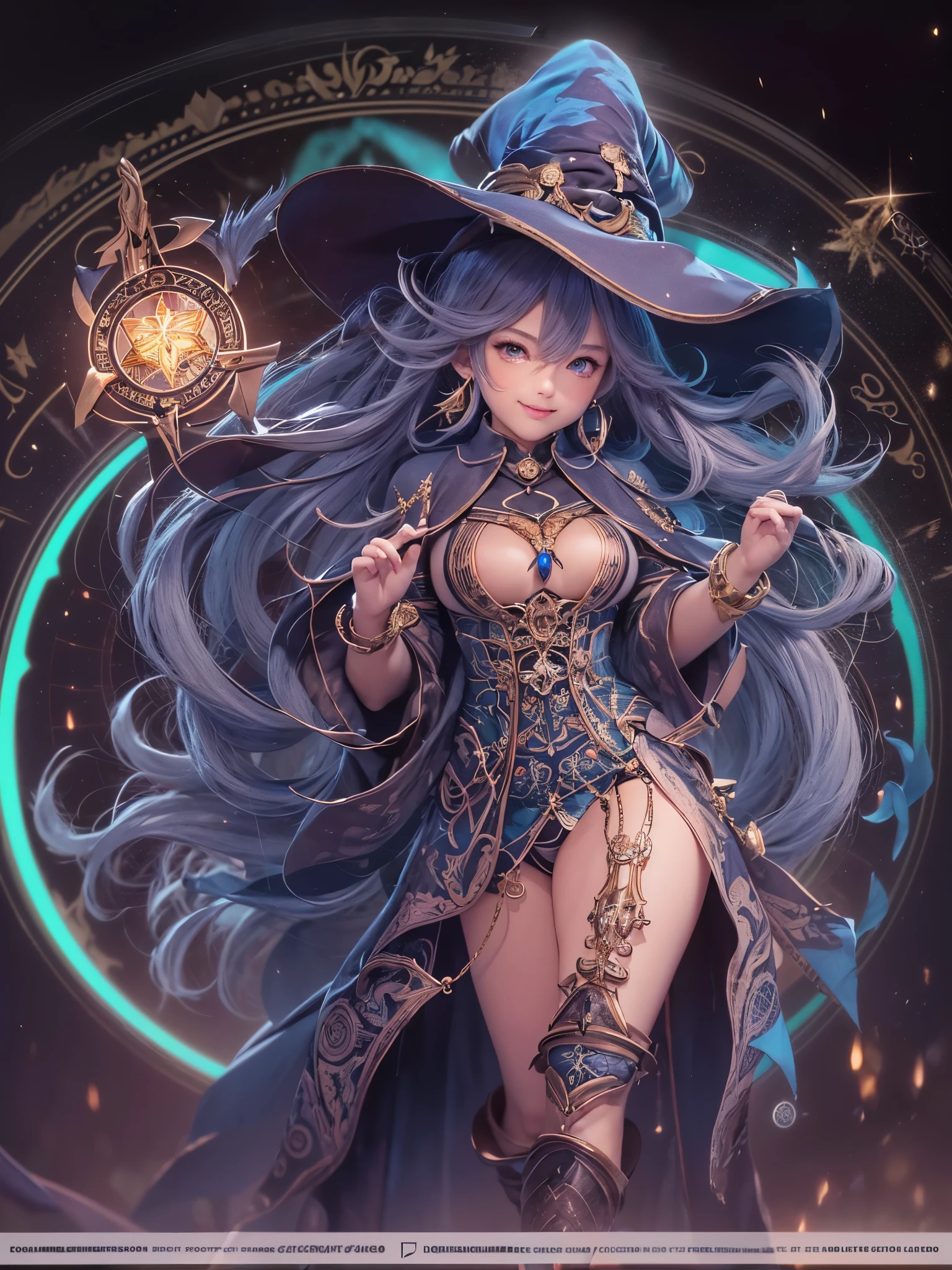 ((highest quality)),(Ultra-high resolution),(Very detailed),(Detailed Description),((The best CG)),(A masterpiece),Ultra-precise art,amazing drawing art,(Art with precise detail:1.5), (witch:1.5),(Beautiful and well-proportioned face:1.6),(Toned body:1.7),(ハイレグレオタードのwitch服:1.6),(Fearless smile:1.6), ((Gear Magic Circle:1.6)), Seven-colored belt:1.6