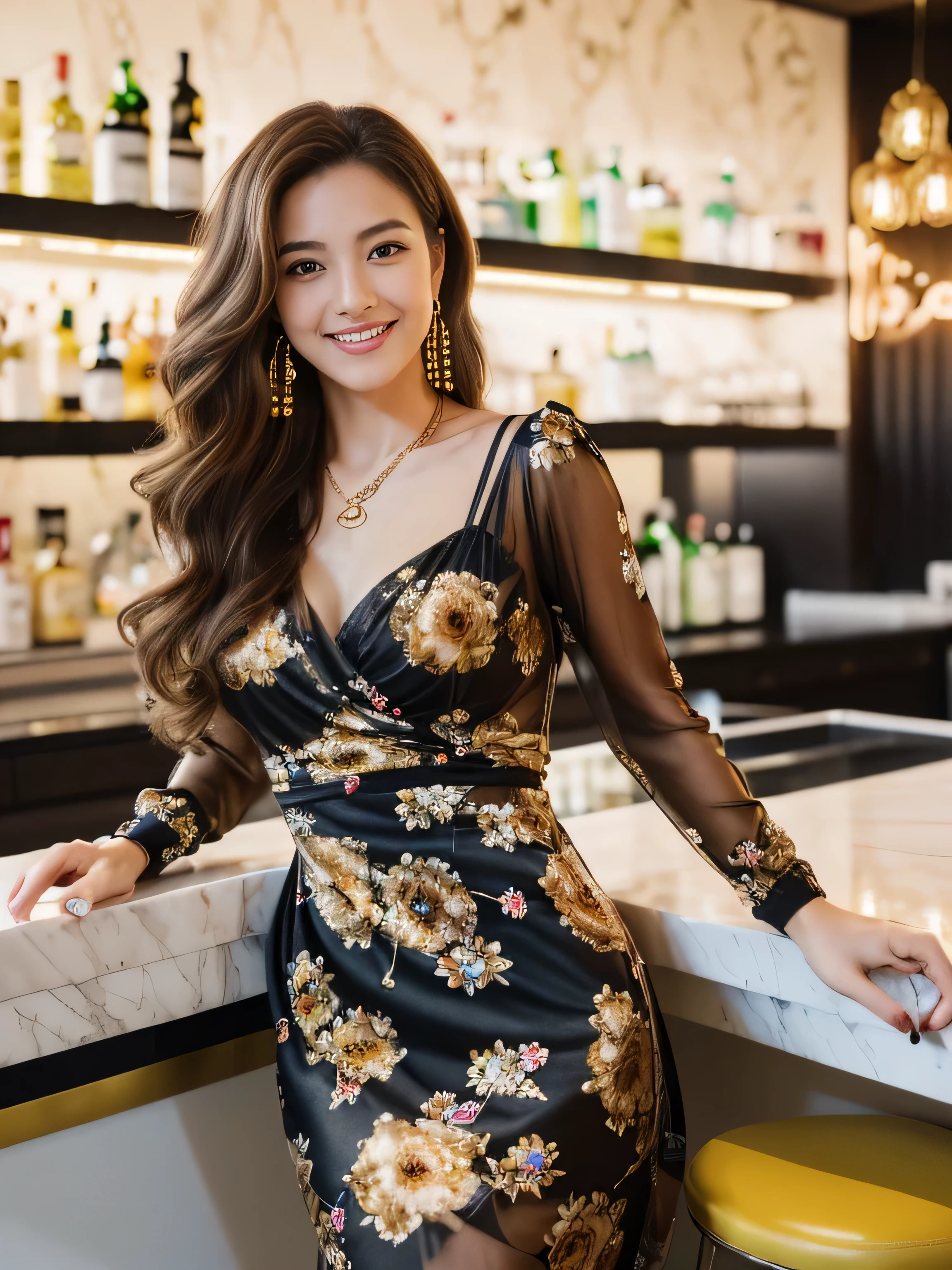 ((highest quality, 8k, masterpiece: 1.3)), 1 girl, smile, whole body, Slim face, Beautiful woman, Medium dark brown hair, White crisp shirt at upper body, The upper body is black straight suit pants, High heels, Highly detailed face, Fine grain, double eyelid, Blurred Background, Slim face, skyscraper, West Shot,((Loosely inward wavy hair:1.2)),((Gold Necklace＿Large earrings:1.2)),((Extra long brown hair:1.2))((((wearing Big floral mini dress‗long sleeve_see-through:1.3))、((full figure supermodel standing, entire body in frame)),,((Sits on a bar chair by the counter in a seductive pose in a stylish bar at night:1.1))、