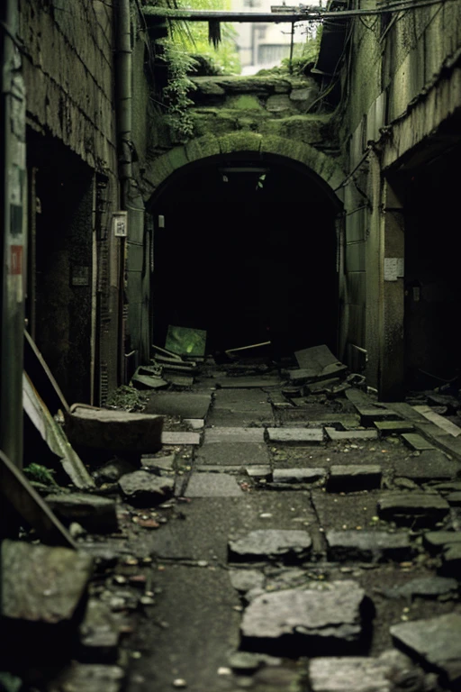 Underground street,moss,Collapse,Devastation,Inside the ruins,narrow-minded,Showa,Glasses,Women,adventure,Black and White,