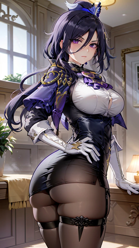 Perfect Lighting, extremely details CG, (Perfect hands, Perfect Anatomy),​masterpiece,1girl in, Clolinde \(GenshinImpact\),film like、Perfect Lighting、light and shadows、Beautie、Good ass、Purple eyes、 pantyhose, blue cape, White Gloves, pencil skirts, White shirt, Thigh strap, Underbust, ascot, Jacket, depth of fields, Glaring, put hands on the hip, Looking at Viewer, chies, Indoors