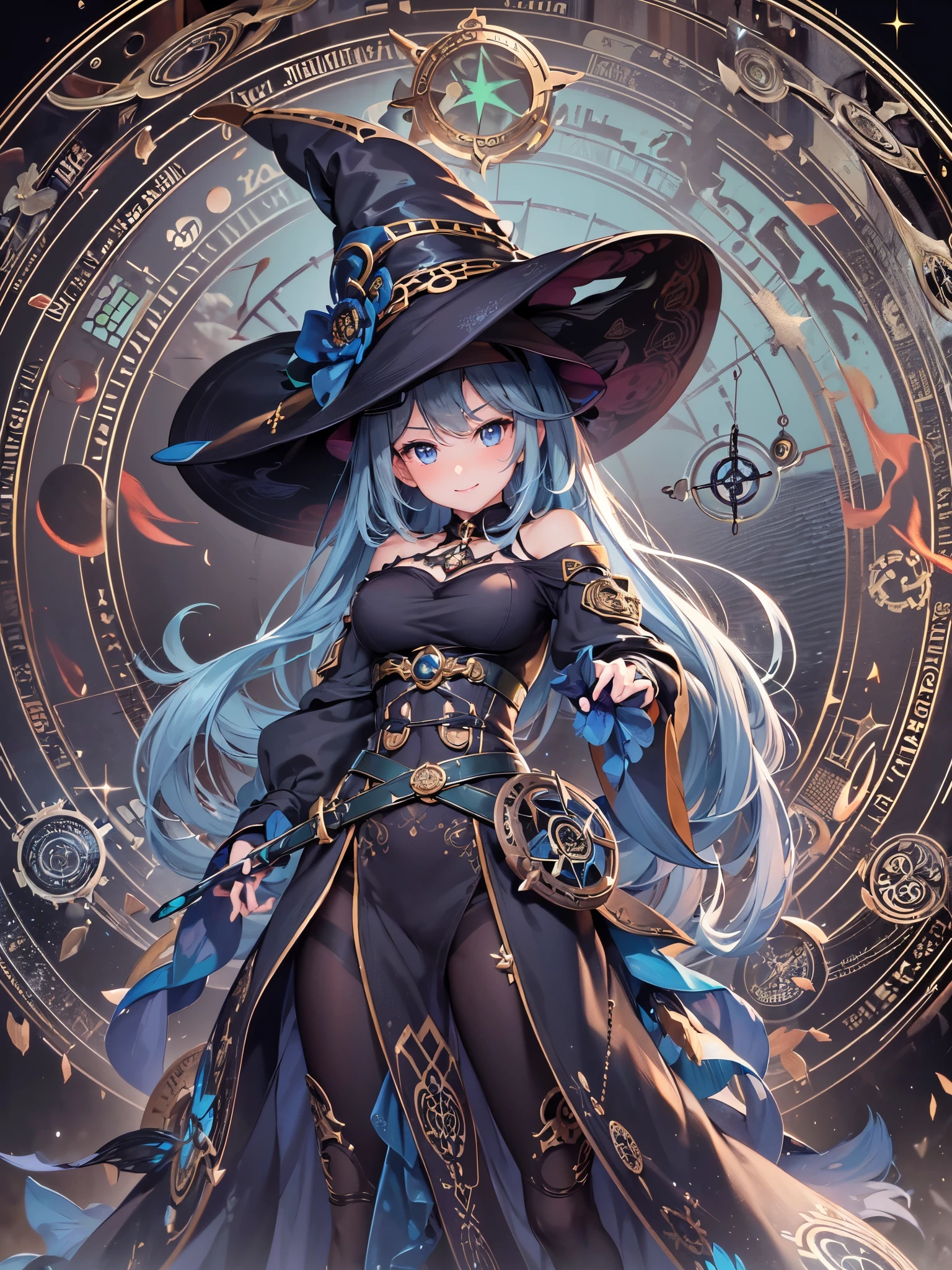 ((highest quality)),(Ultra-high resolution),(Very detailed),(Detailed Description),((The best CG)),(A masterpiece),Ultra-precise art,amazing drawing art,(Art with precise detail:1.5), (witch:1.5),(Beautiful and well-proportioned face:1.6),(Toned body:1.7),(ハイレグレオタードのwitch服:1.6),(Fearless smile:1.6), ((Gear Magic Circle:1.6)), Seven-colored belt:1.6