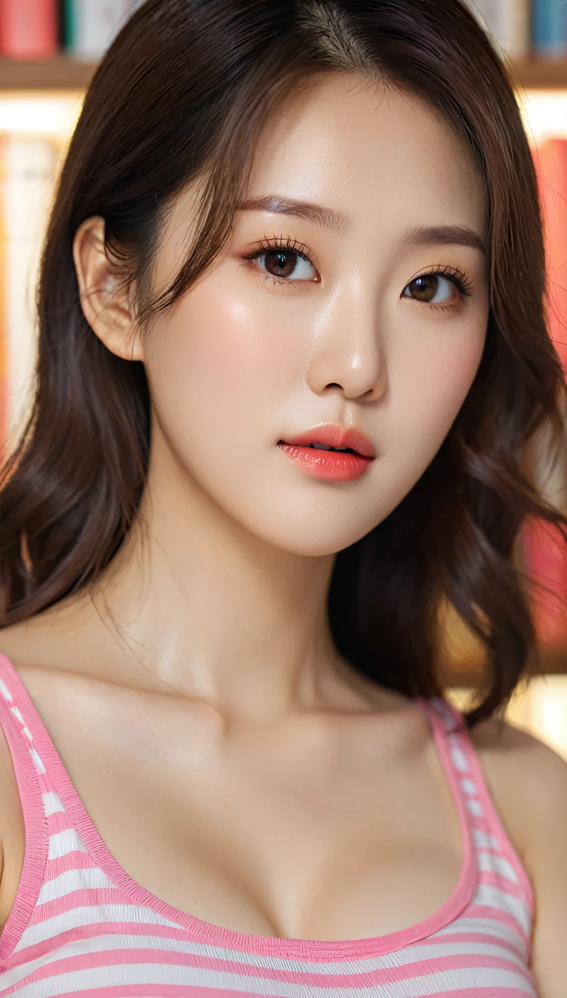 close-up of beautiful korean female, 34 inch breasts size, wearing pink striped tank top, sitting in front of bookshelf , bokeh background, UHD