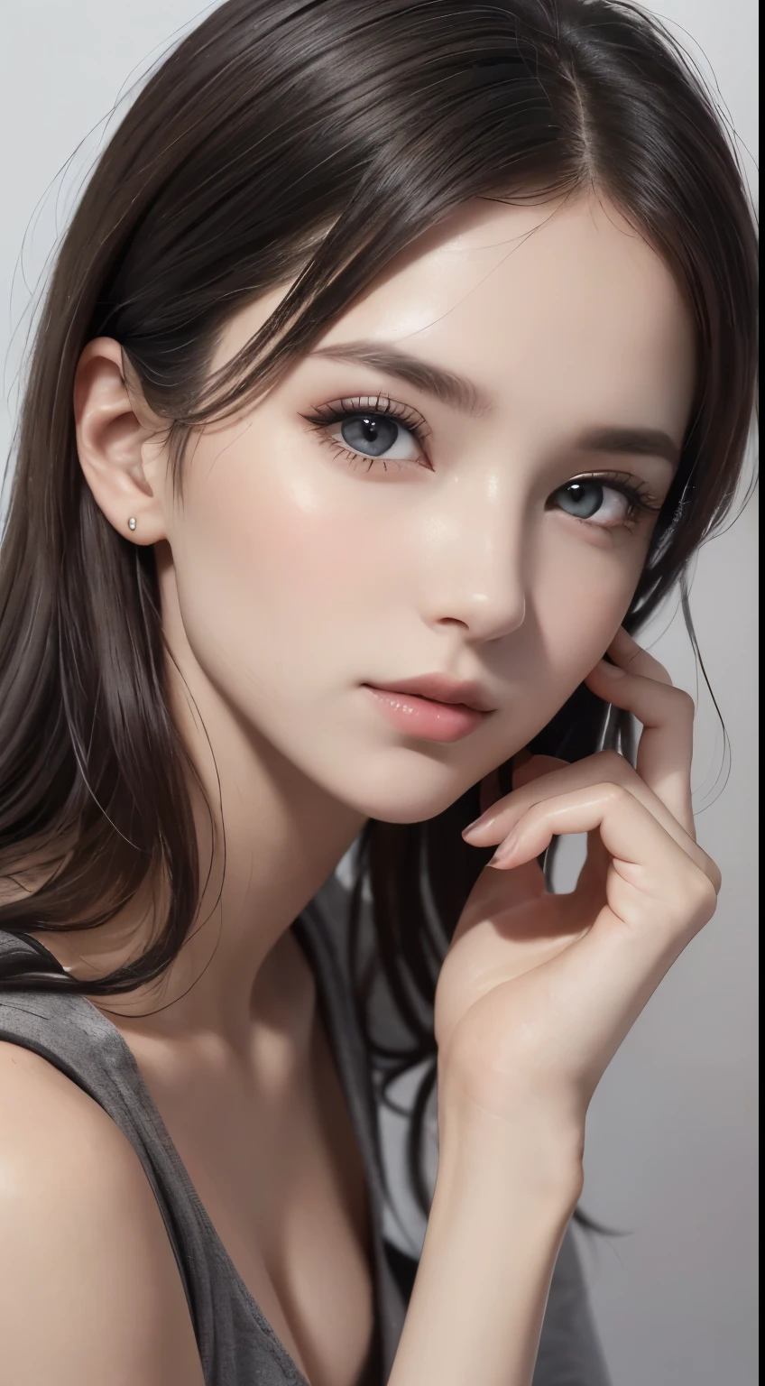 8K Ultra HD、RAWphotograph、モデルphotograph撮影、Russian Race, European laces, (masterpiece, highest quality, photoGenuineistic, High resolution, photograph: 1.3), close, focus on, Hot Model, slim, 30 years old、Small face、Shortcuts、Dark brown hair、Beautiful eyes in every detail、Genuineな肌, (Perfect body), Sexy hot face, erotic, sexual sight, slim, Sweat top, Beautiful eyes in every detail、Glossy Lips、Large Breasts、Cleavage、((Bright light、Dynamic Lighting、Genuine、超Genuine、 Genuineism、Genuineistic details、Cool Beauty、cool pose、Background gray、Plain gray background,Close up your face