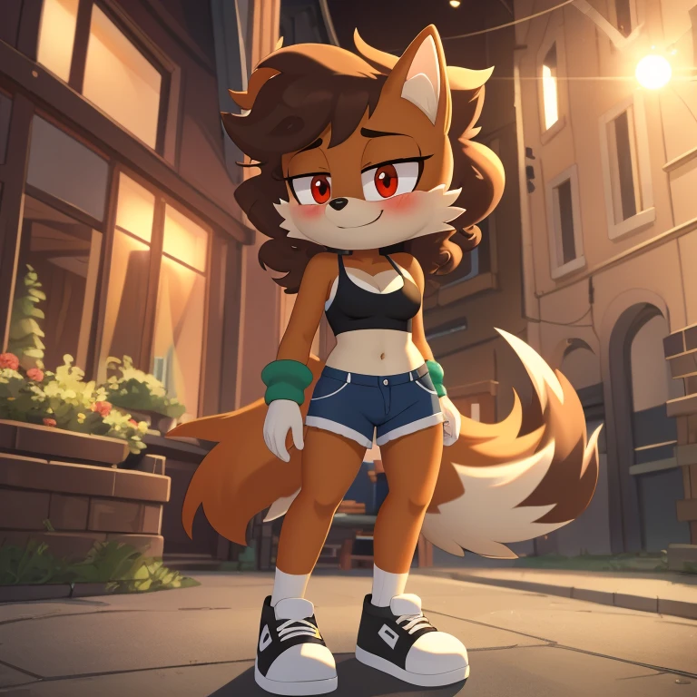 mobian, hedgehog, two-tone fur ((orange fur, brown fur)), pyjama elastic shorts, strapless crop top, cleavage, high-top sneakers, two-tone hair (brown hair, black tip)), curly hair, halo, sunglasses, jewelry, red eyes, longeyelashes, red eyes, smile, shy, blush, high detail, masterpiece, UHD, anatomically correct, super detail, highres, 4K