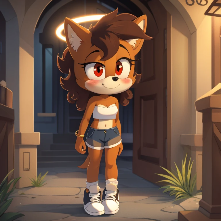 mobian, hedgehog, two-tone fur ((orange fur, brown fur)), pyjama elastic shorts, strapless crop top, cleavage, high-top sneakers, two-tone hair (brown hair, black tip)), curly hair, halo, sunglasses, jewelry, red eyes, longeyelashes, red eyes, smile, shy, blush, high detail, masterpiece, UHD, anatomically correct, super detail, highres, 4K