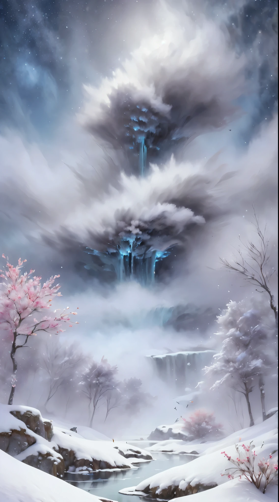 Princess的脸出现在空中,Winter Landscape,Surreal wonderland,Dreamy clouds and fairy islands,(Big Snowflake:1.3),五颜六色的Big Snowflake飞舞着,Princess'The palace is covered with snow,The tree of life blooms with infinite vitality,Twinkling stars in the night sky,Heavy clouds and fog,Whimsical fantasy landscape art, Fine Art Ultra HD 8K, 8K Fine Digital Art, Beautiful and detailed fantasy, Epic fantasy landscapes, Mysterious dreamy scenery, The magical fantasy is rich in details, Magical scenery, 由Big Snowflake和梦幻漂浮的仙女岛组成, Detailed fantasy digital art, 8K Fine Digital Art