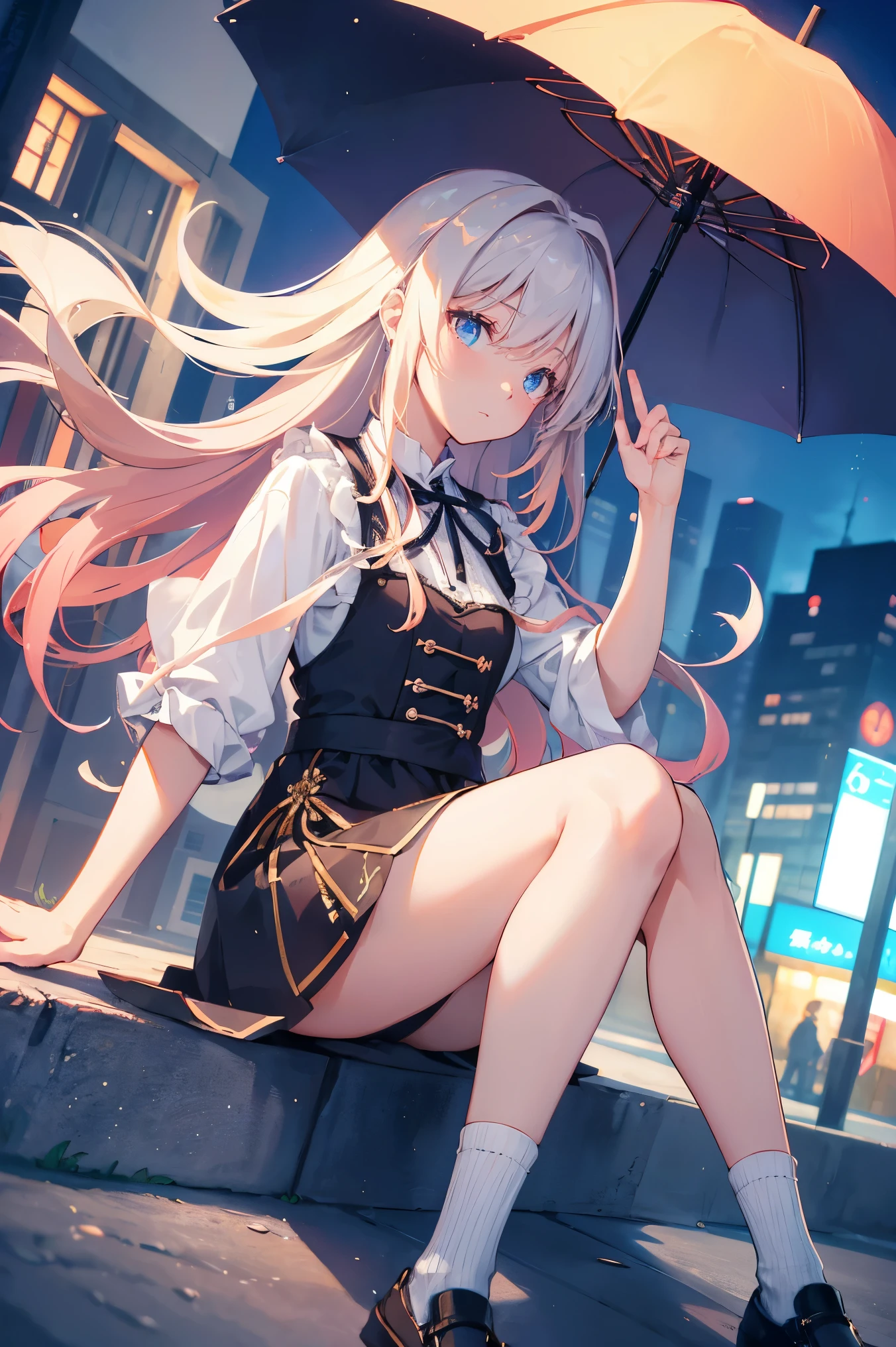 of, (Gradient Hair, Dutch Angle:1.3), Film Grain, chromatic aberration, city, masterpiece, highest quality, RAW Photos, Realistic, Absurd, 1人of女of子, cute, perspective, Cowboy Shot, High resolution, Super detailed, Detailed eyes and face, Sharp pupils, Realistic students, Sharp focus, summer, night, Detailed overview, Beautiful socks, 膝上丈of靴下, 偶然of出会い, Running away from home